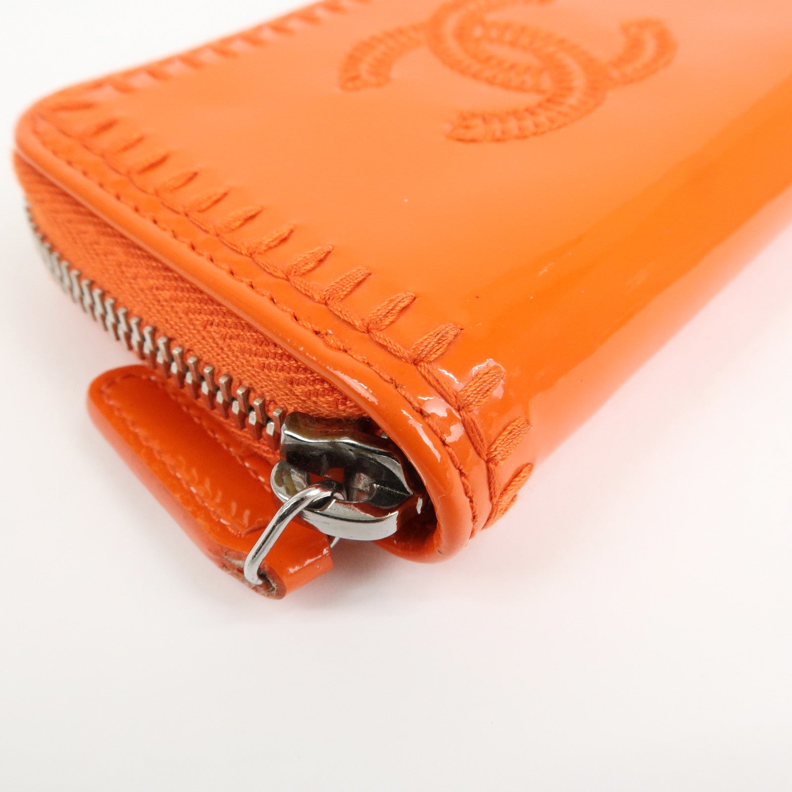 CHANEL COCO Mark Enamel Leather Round Zippy Coin Case Orange A68890 Used