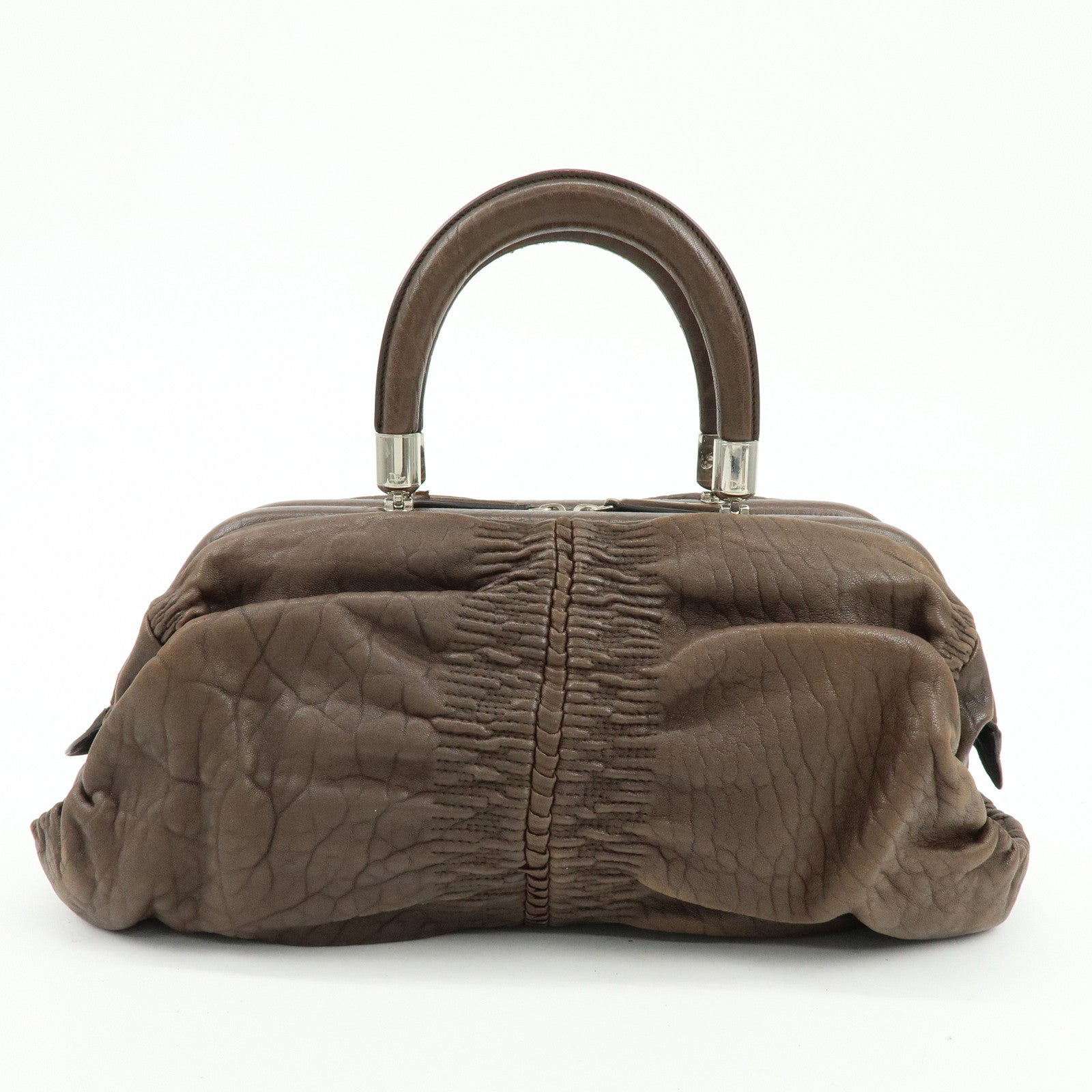 Christian Dior Embossed Gathered Leather Boston Bag Hand Bag Brown