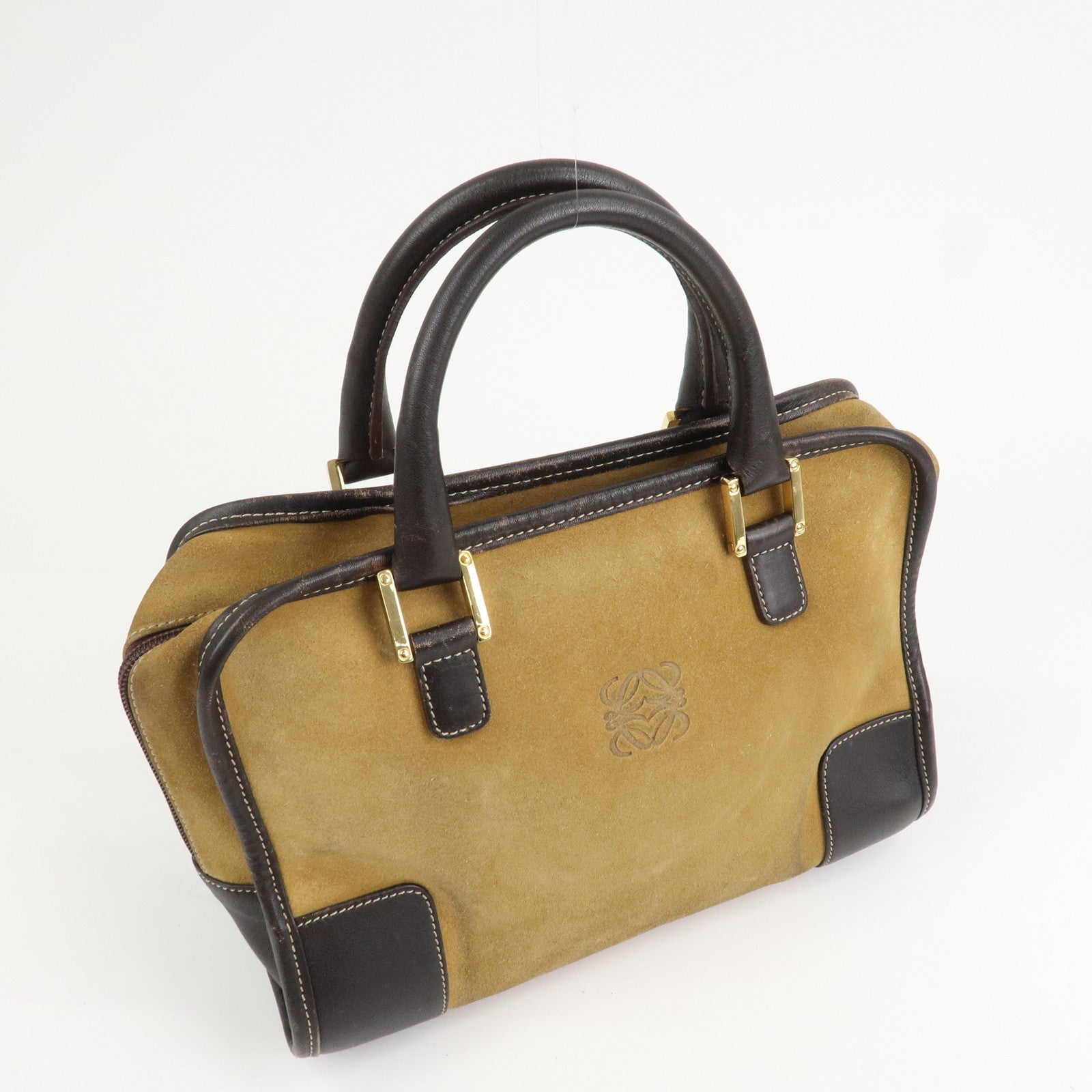 LOEWE Anagram Leather Suede Amazona 28 Hand Bag Beige Brown