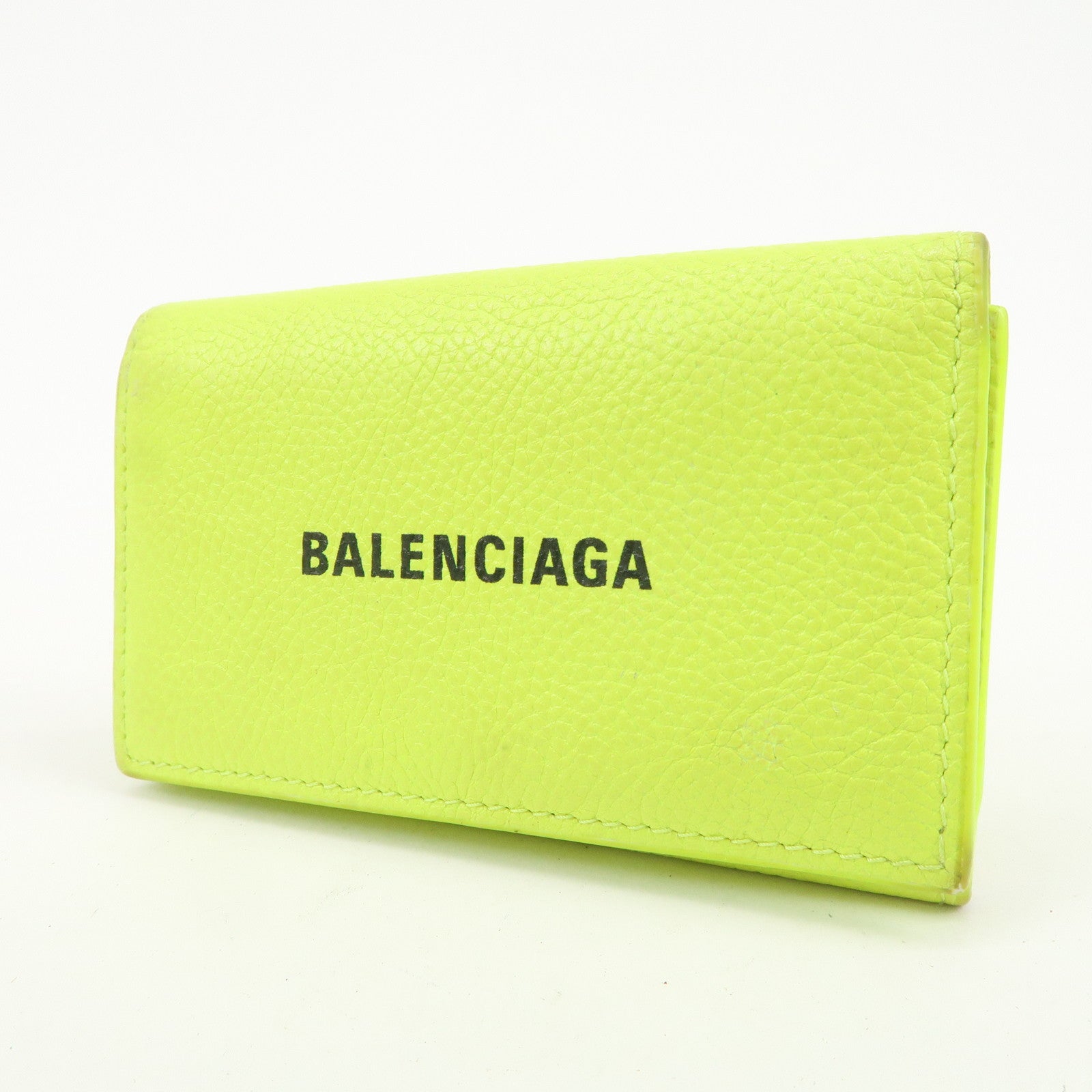 BALENCIAGA Logo Leather Key Case Key Holder Neon Yellow