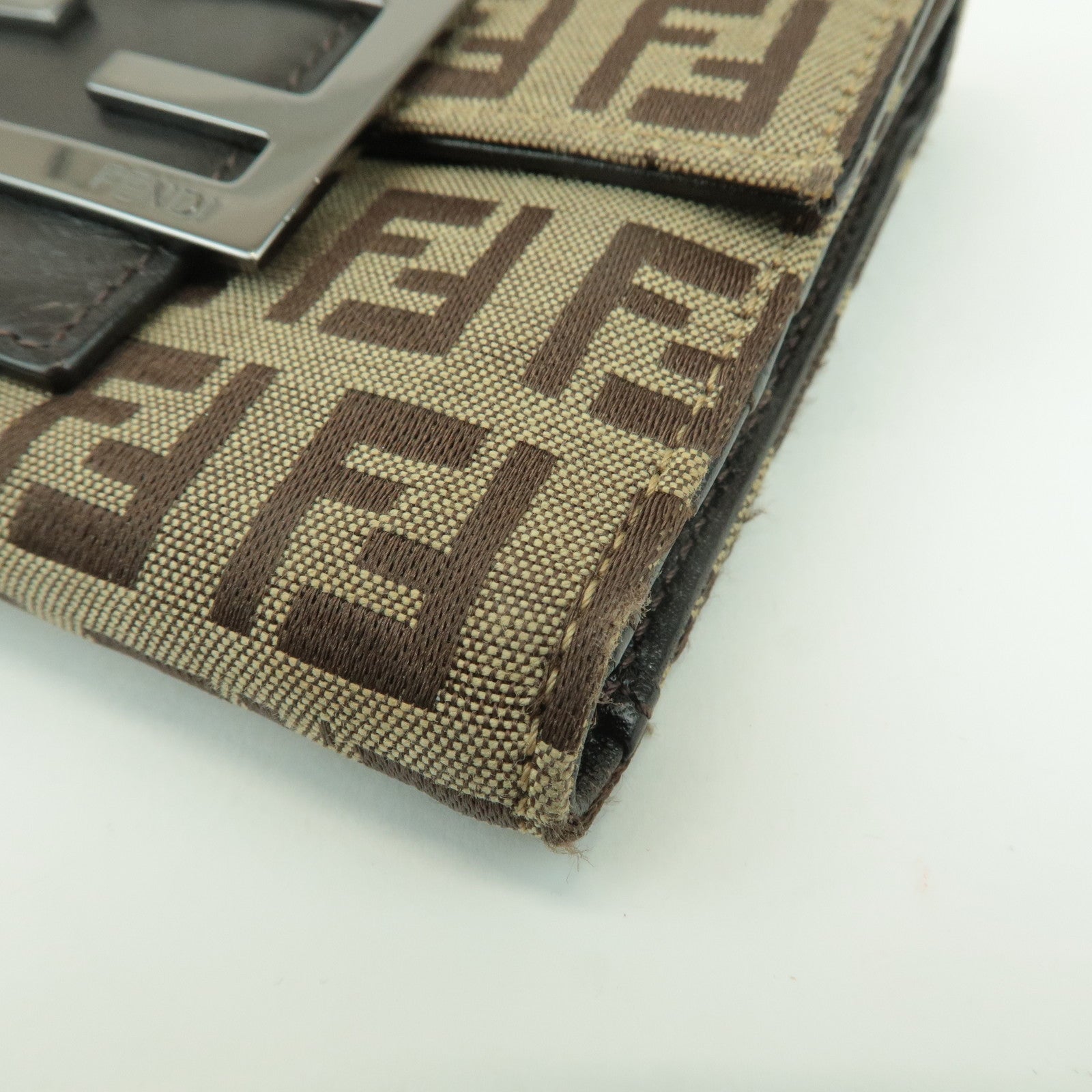 FENDI Zucchino Canvas Leather Tri-fold Wallet Beige Brown 8M0023 Used