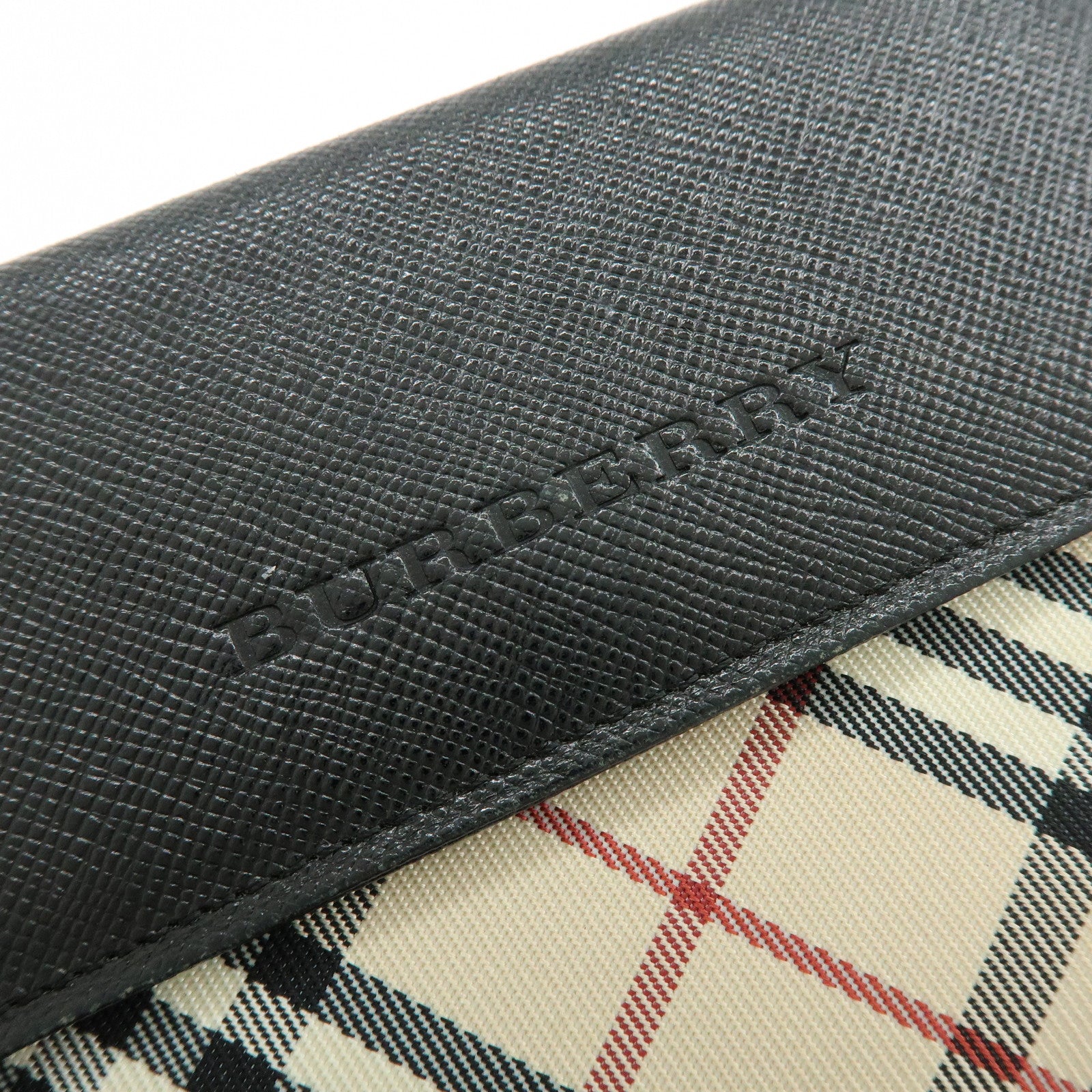 BURBERRY Nova Plaid Canvas Leather Compact Wallet Black Beige