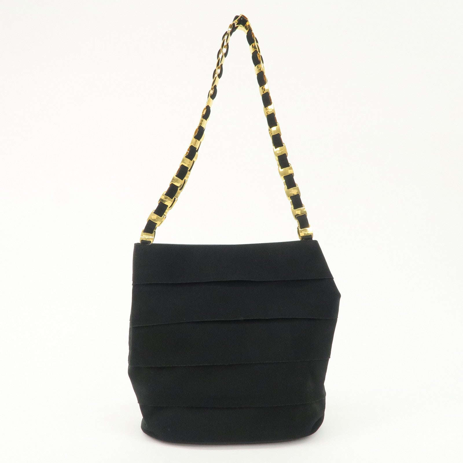 Ferragamo Leather Canvas Chain Tote Bag Hand Bag Black Gold Hardware Used