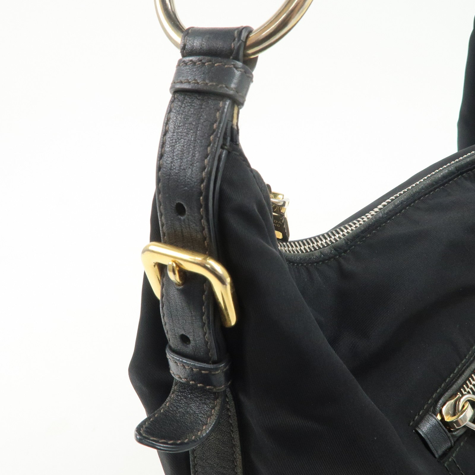 PRADA Triangle Logo Leather Nylon Shoulder Bag Black