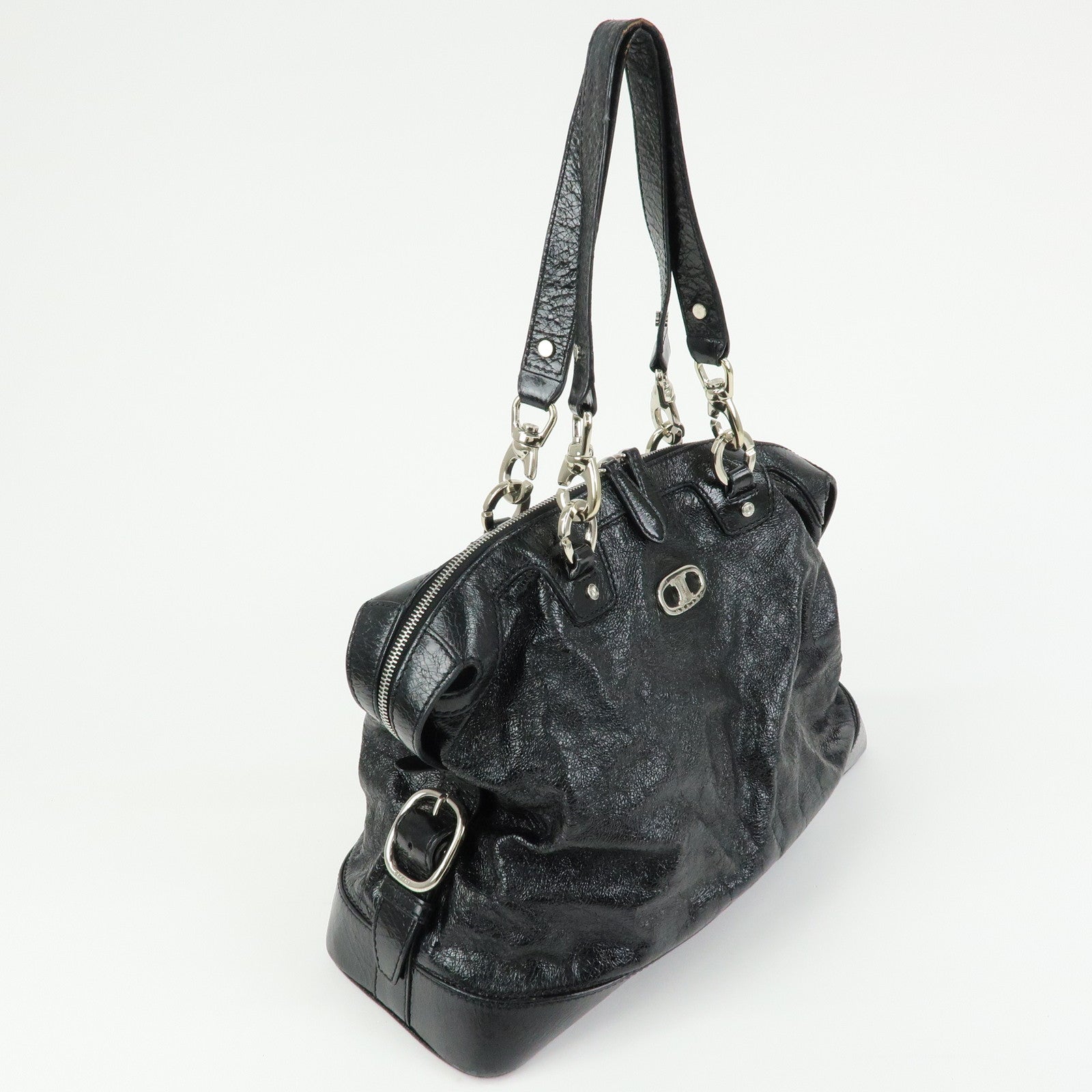 CELINE Patent Leather Macadam Stamped Boston Bag Hand Bag Black