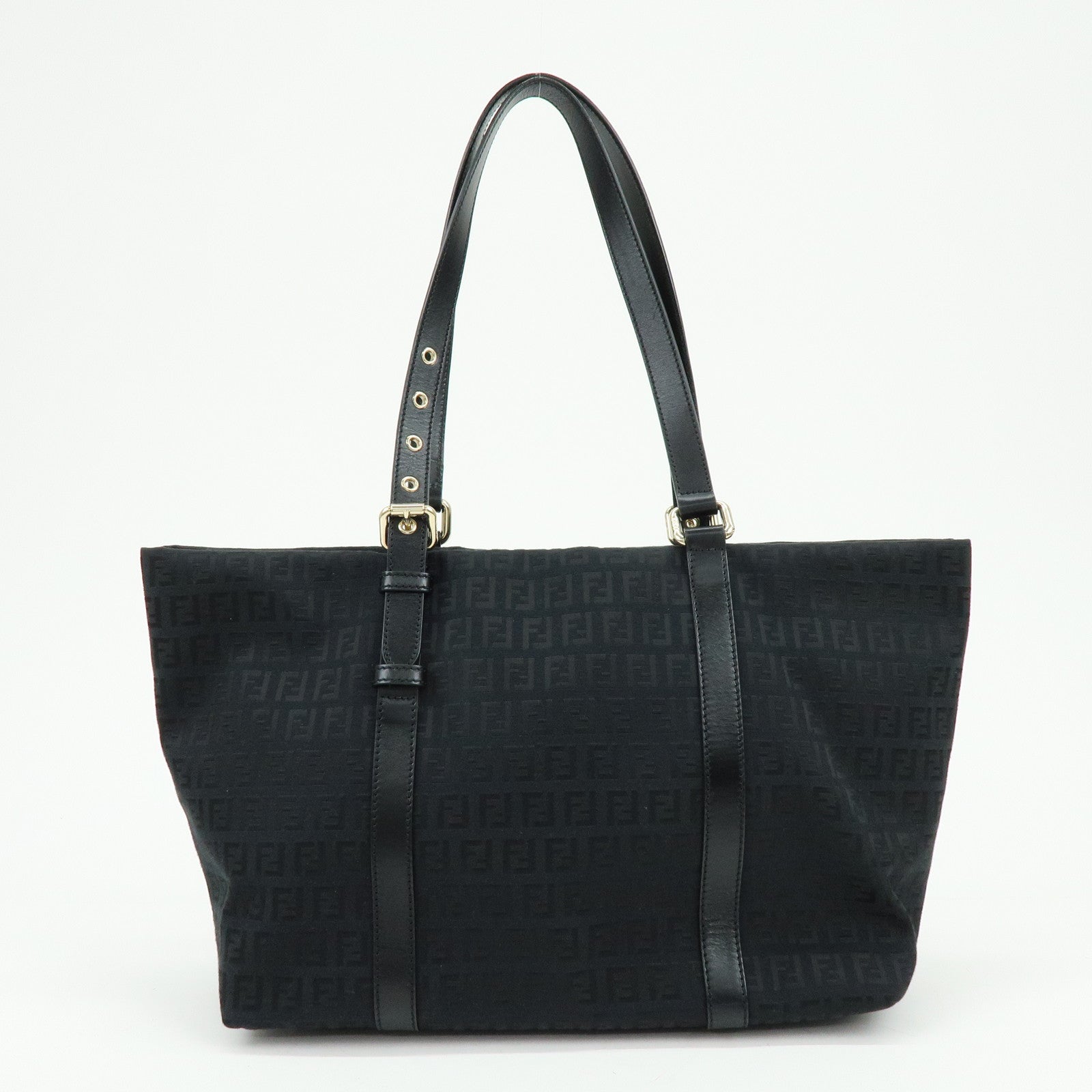 FENDI Zucchino Canvas Leather Tote Bag Shoulder Bag Black 8BH215