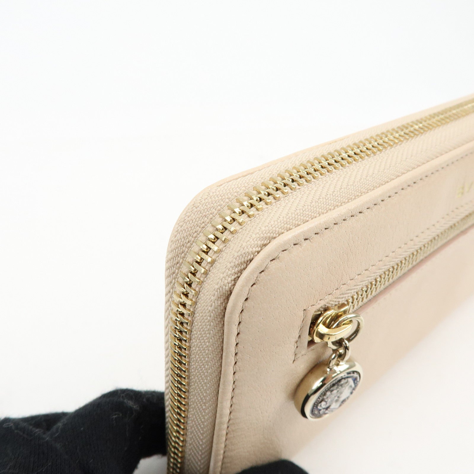 BVLGARI Logo Leather Round Zippy Long Wallet Pink Beige