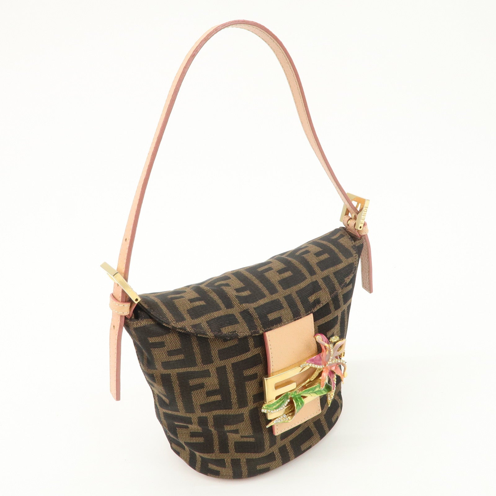 FENDI Zucca Canvas Leather Shoulder Bag Black Pink Flower Motif