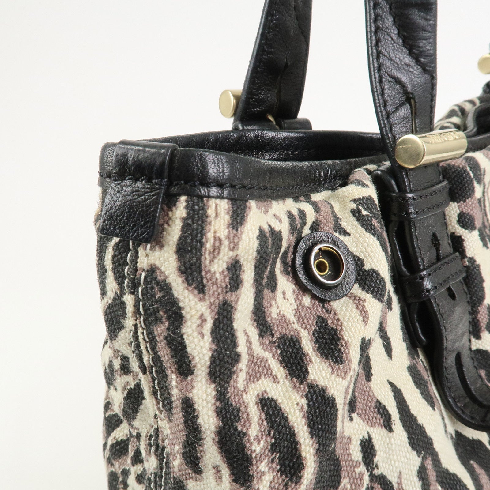JIMMY CHOO Leopard Canvas Leather Tote Bag Shoulder Bag Ivory Black