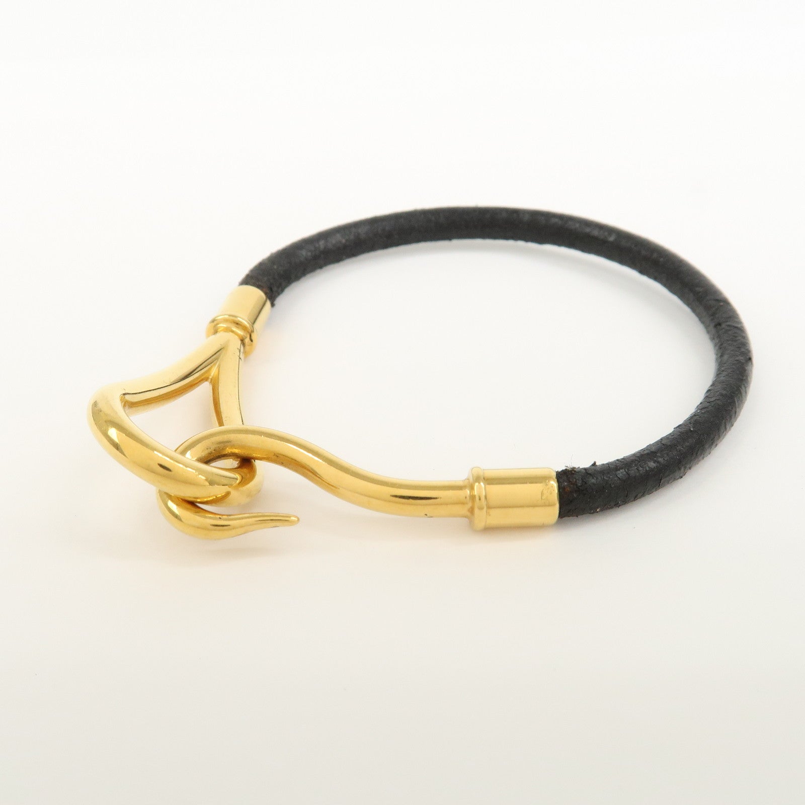HERMES Leather Jumbo Bracelet Gold Hook Black