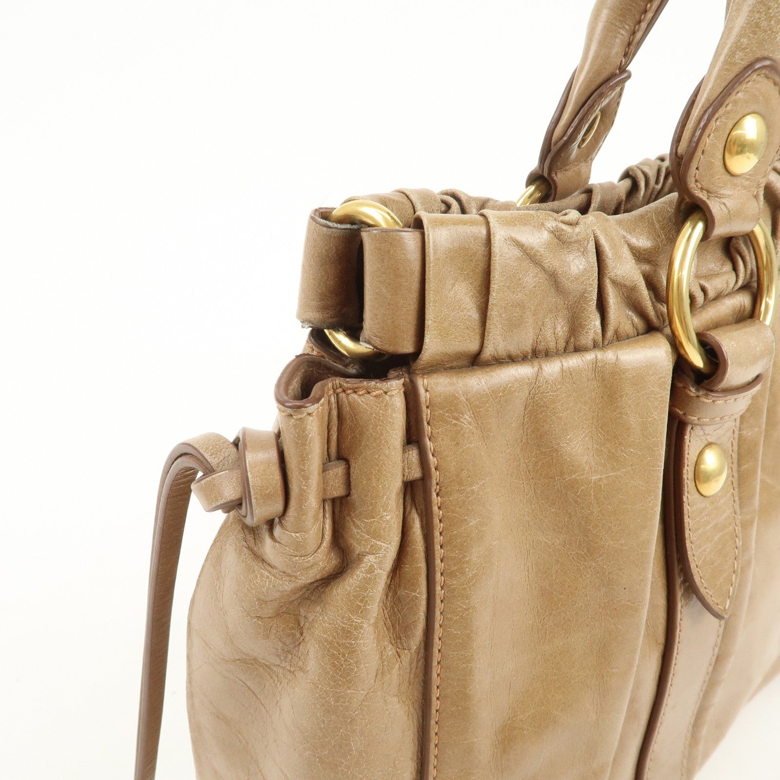 MIU MIU Leather 2Way Gathered Hand Bag Shoulder Bag Brown RT0383