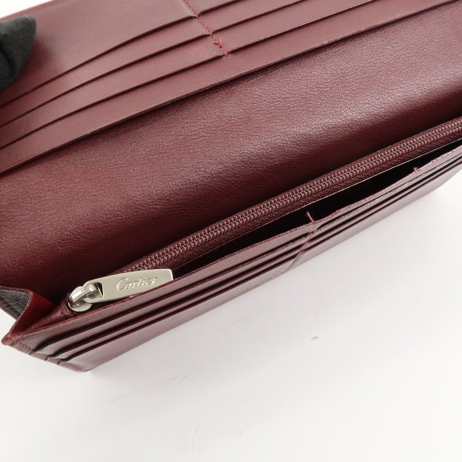 Cartier Leather Bi-fold Long Wallet Silver HDW Black Bordeaux Used