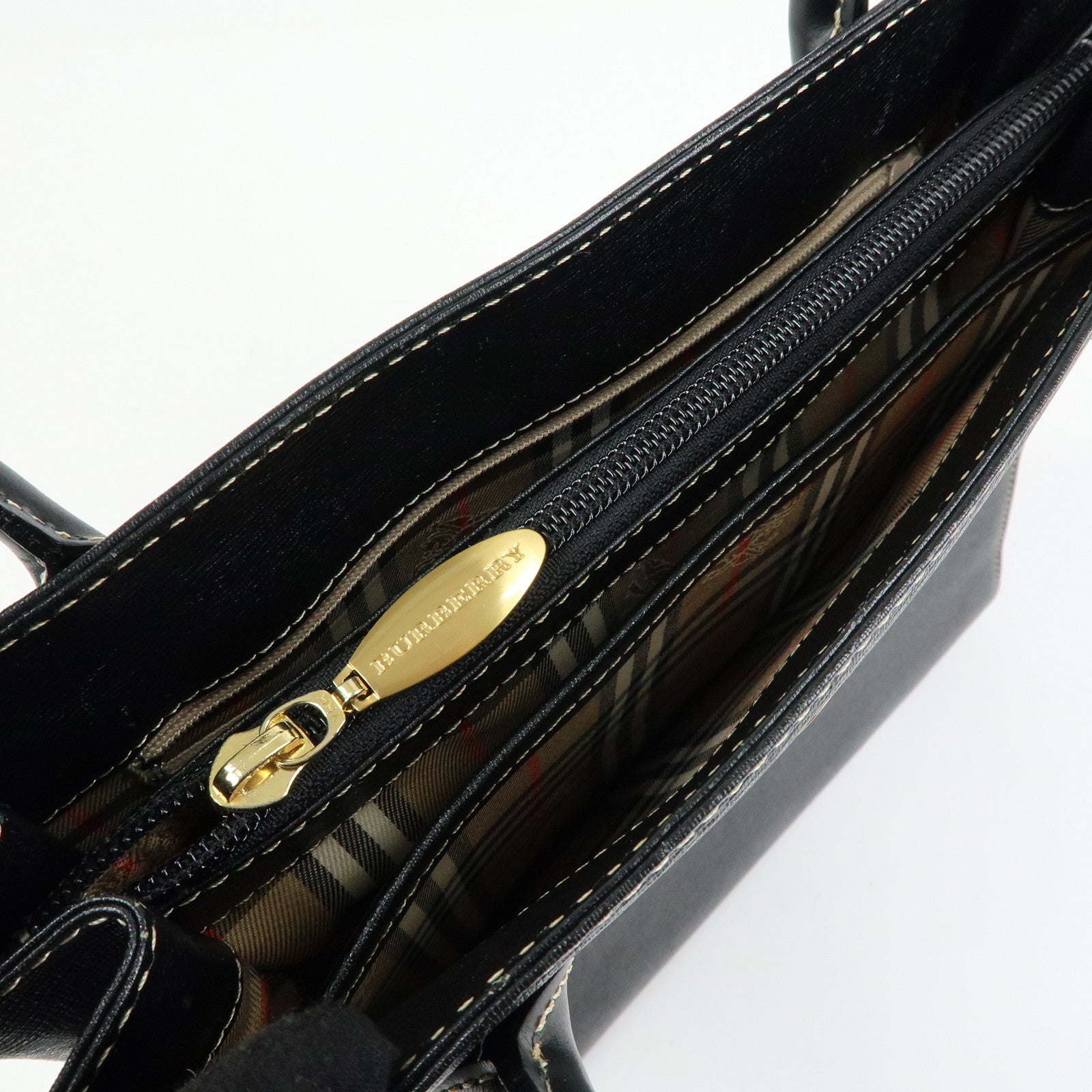BURBERRY Leather Nova Plaid Hand Bag Tote Bag Black
