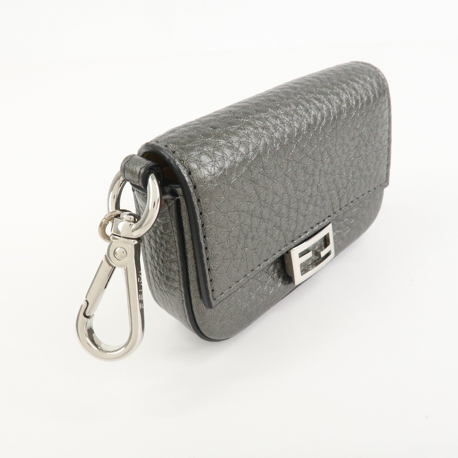 FENDI Nano Baguette Calf Leather Bag Charm Key Chain Silver 7AR809