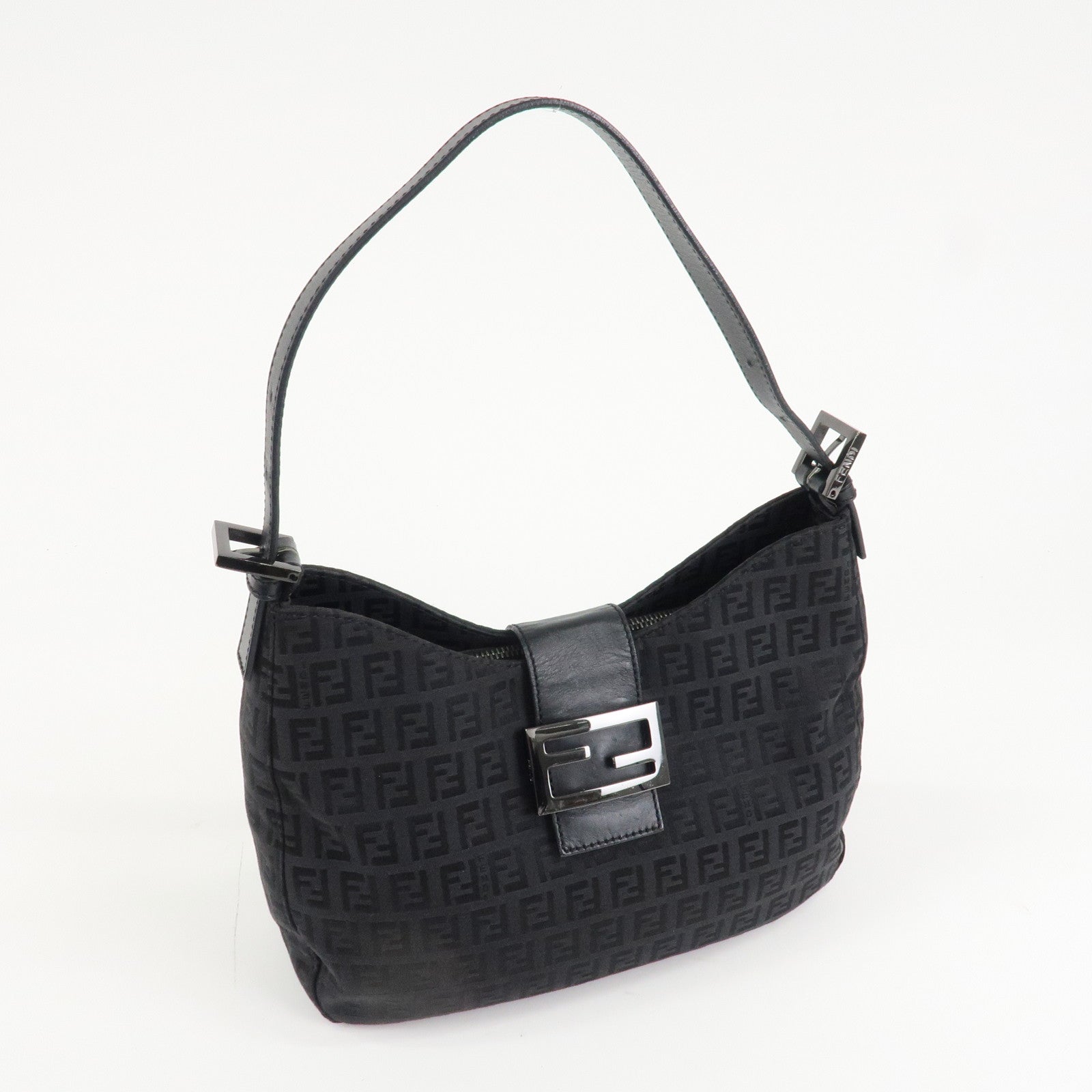 FENDI Zucchino Leather Canvas Shoulder Bag Black Used