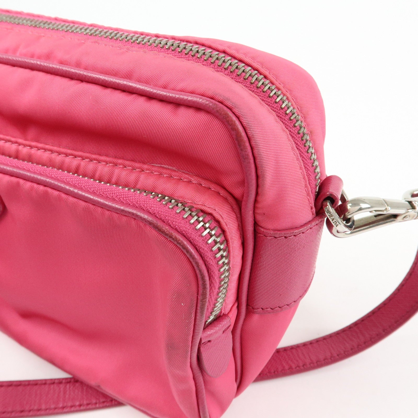 PRADA Triangle Logo Nylon Leather Shoulder Bag Pink BT1010