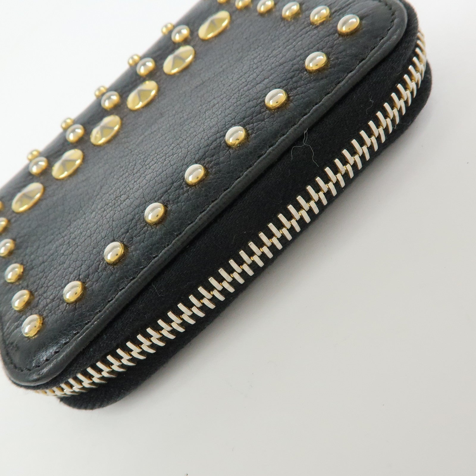 MIU MIU Madras Leather Studs Compact Coin Case Wallet Black