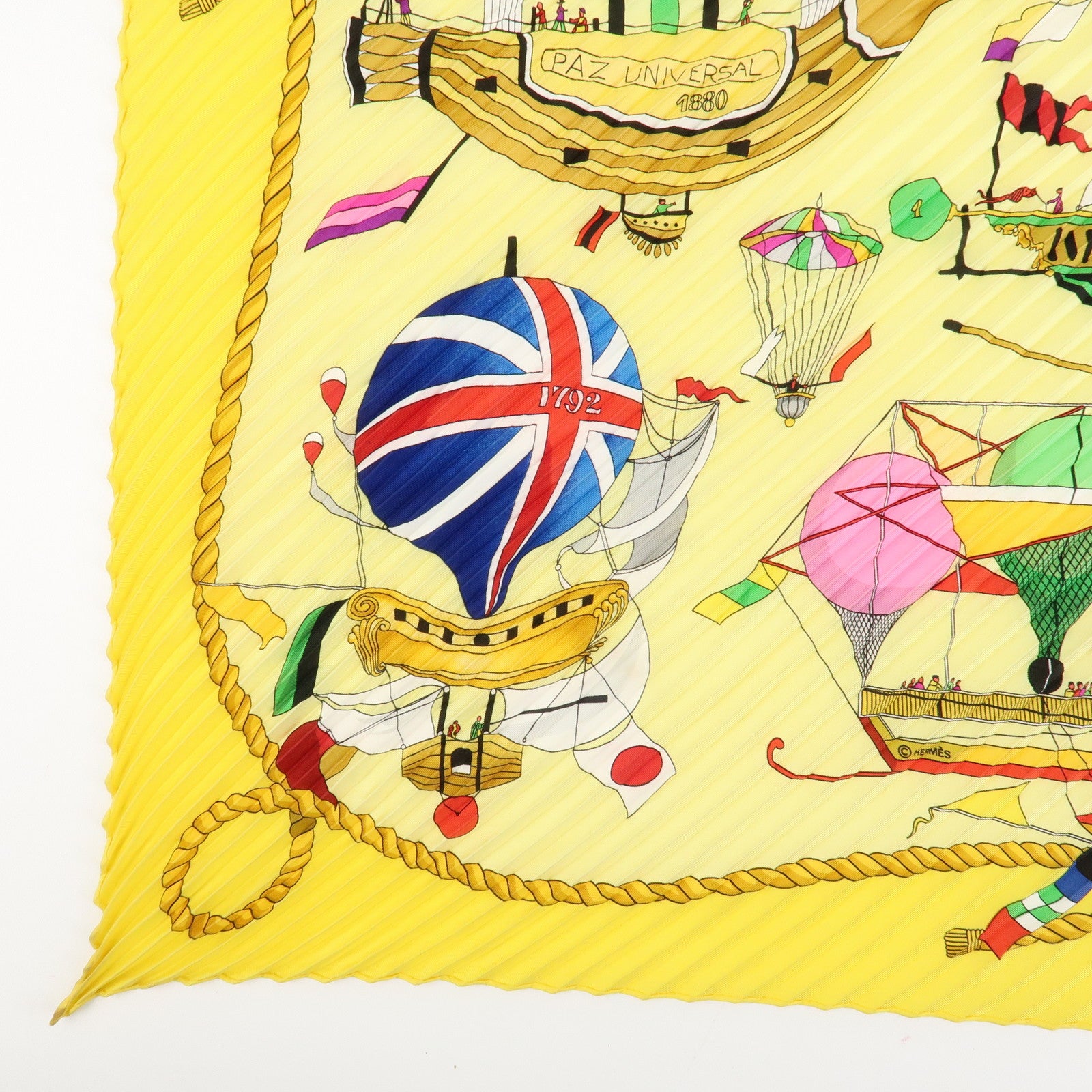 HERMES pleats Carre 90 Silk 100% Scarf Yellow Green Purple Red Used