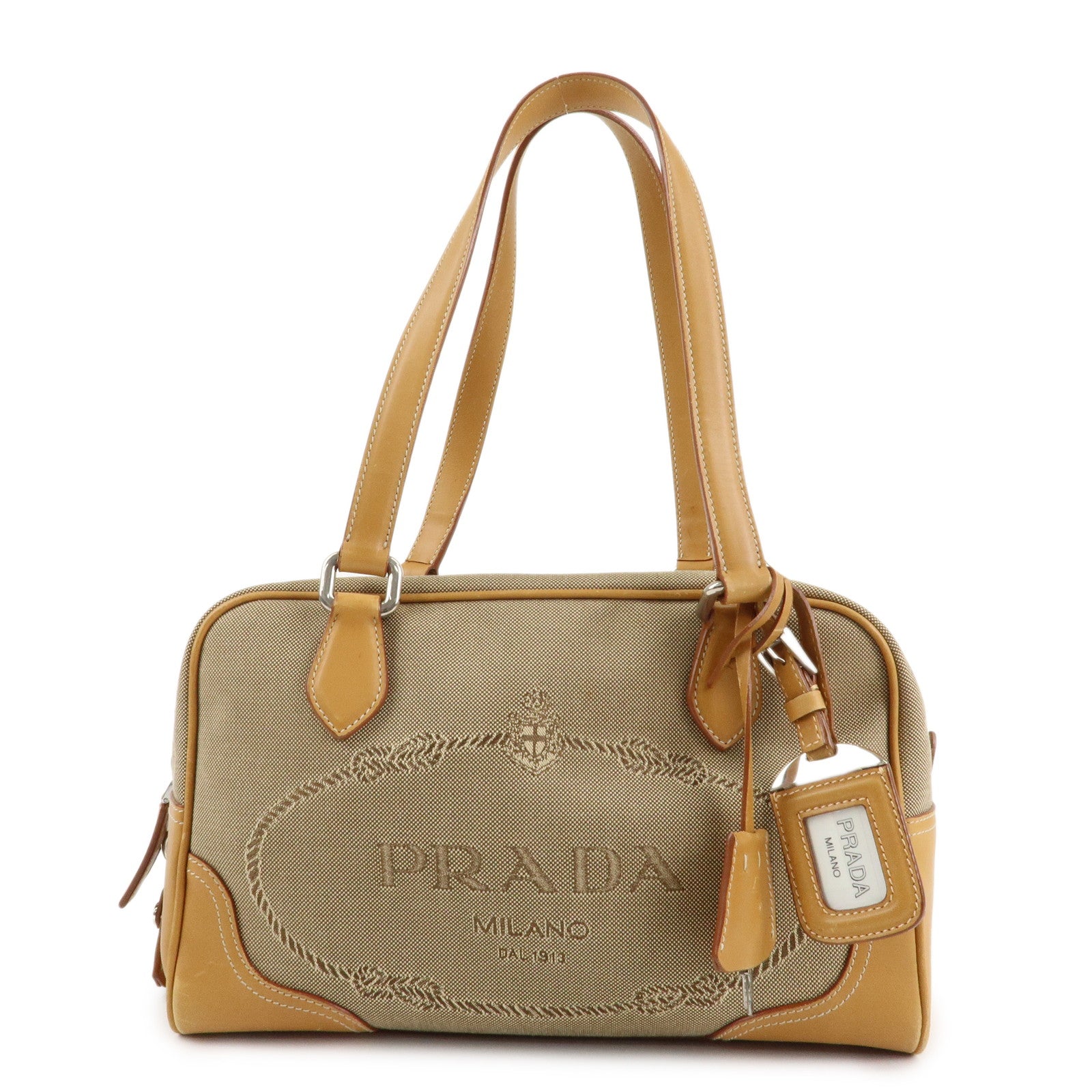 PRADA Logo Jacquard Leather Boston Bag Shoulder Bag Beige Used