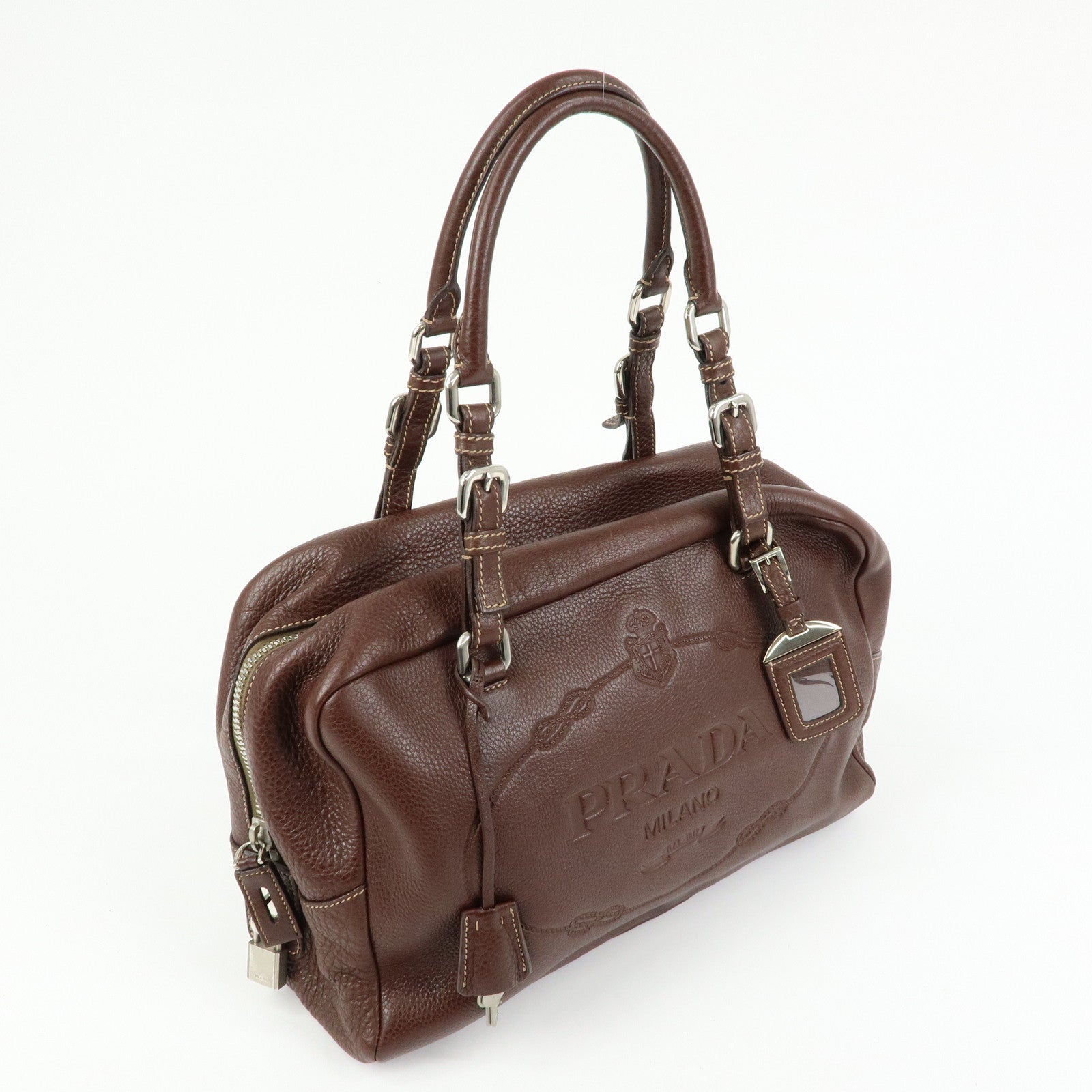PRADA Vitello Daino Leather Boston Bag Hand Bag Brown BR3090