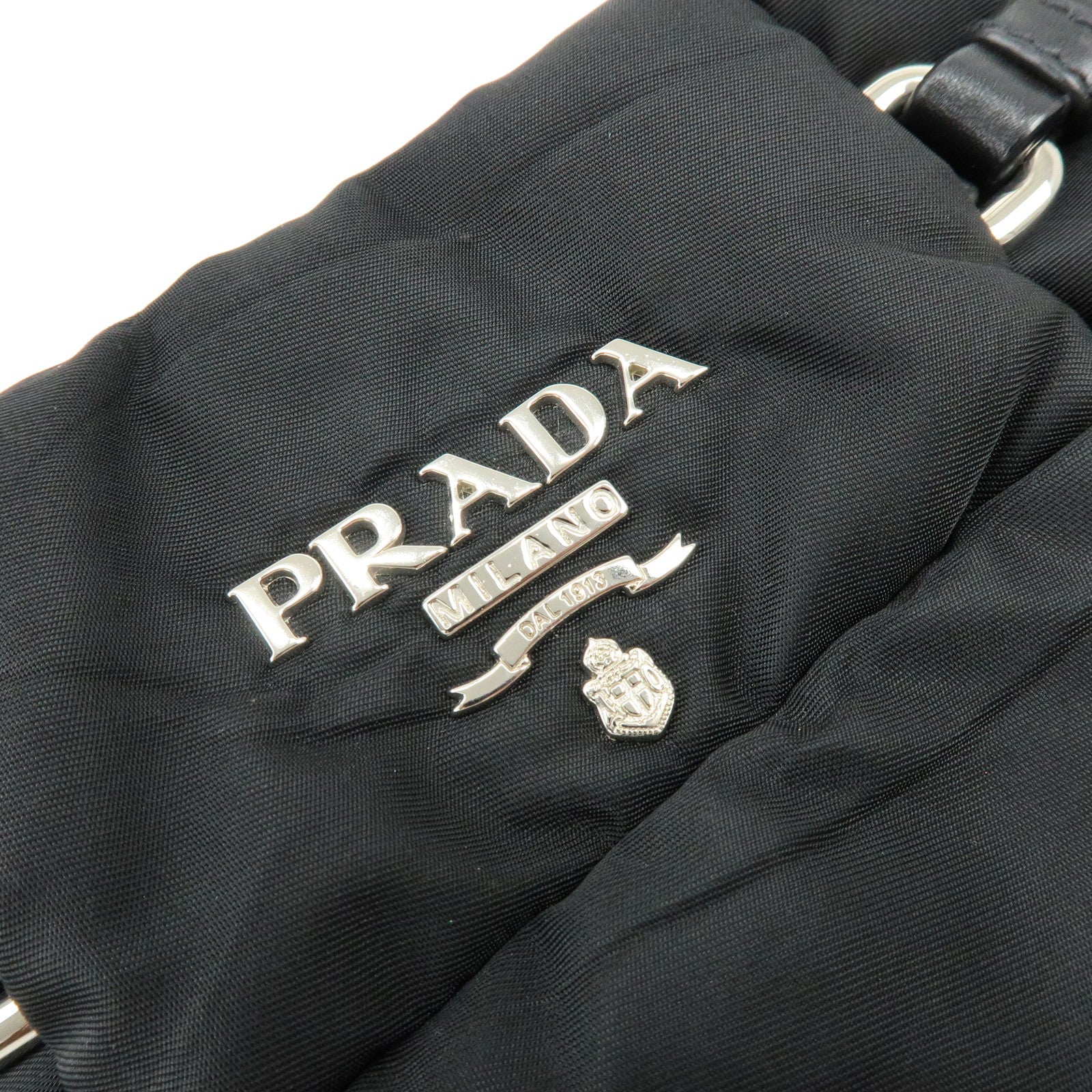 PRADA Logo Nylon Puffy Leather Shoulder Bag Hand Bag Black Silver