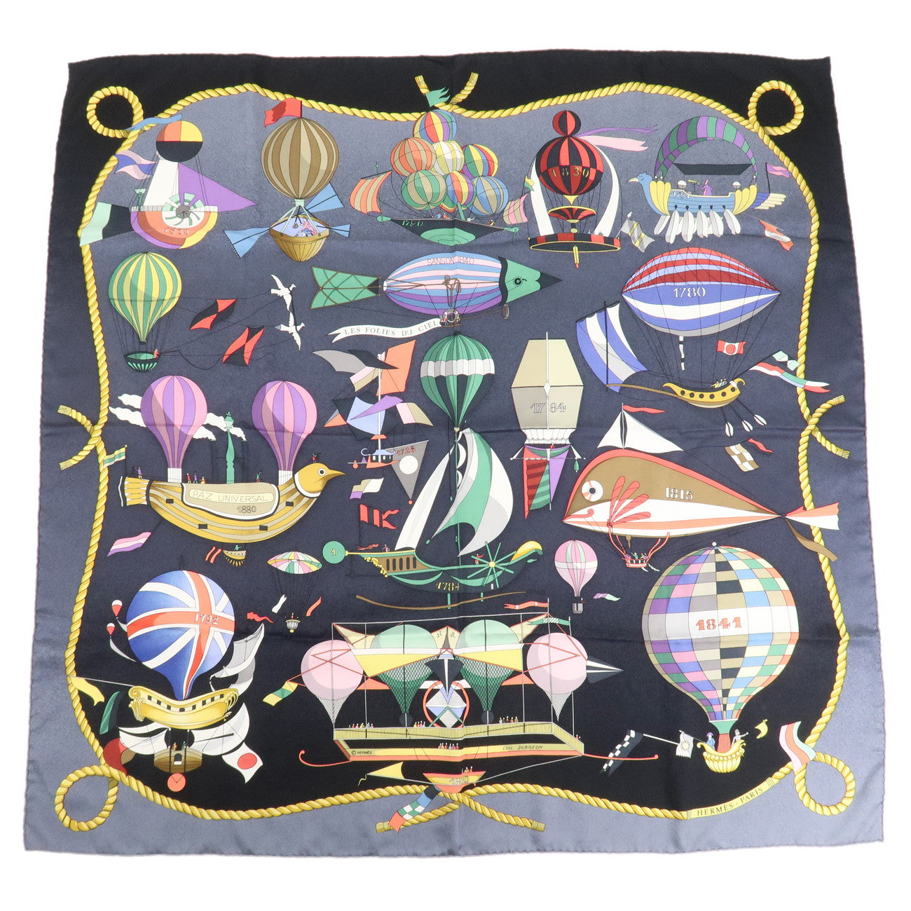 HERMES Carre 90 Silk 100% Scarf LES FOLIES DU CIEL Black Multicolor Used