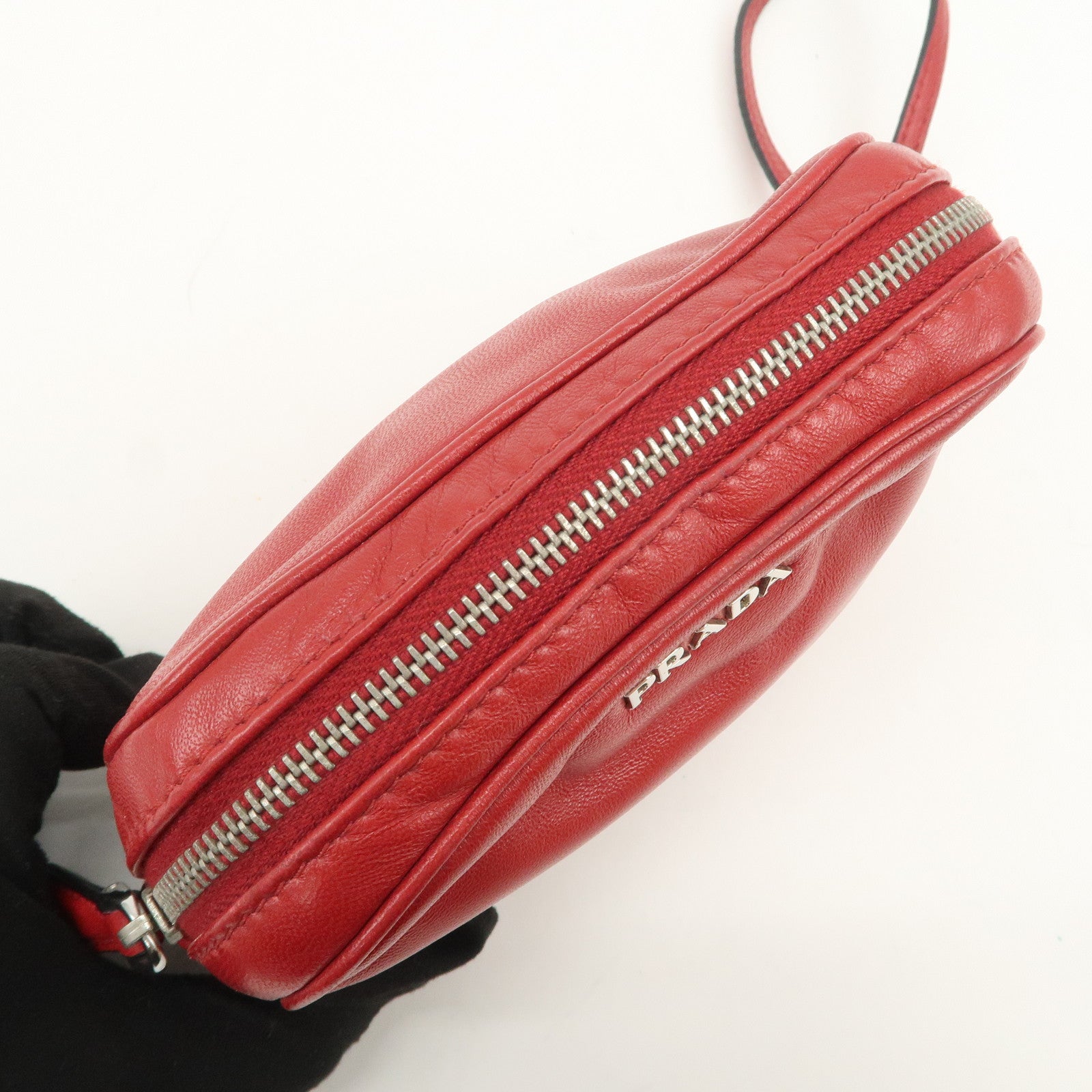 PRADA Logo Leather MiniPouch Wristlet Bag Red
