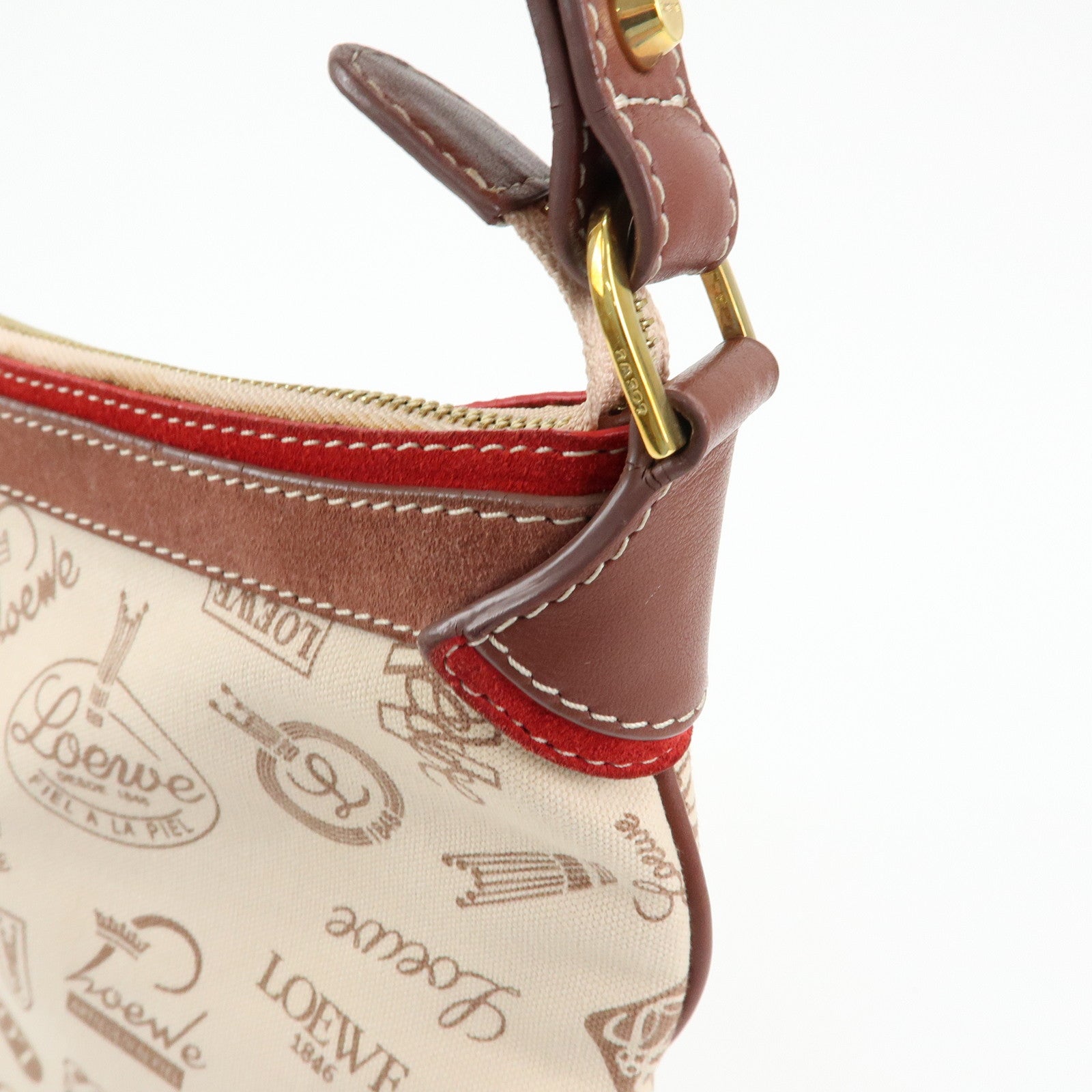 LOEWE Canvas Leather Suede Shoulder Bag Hand Bag Beige Red