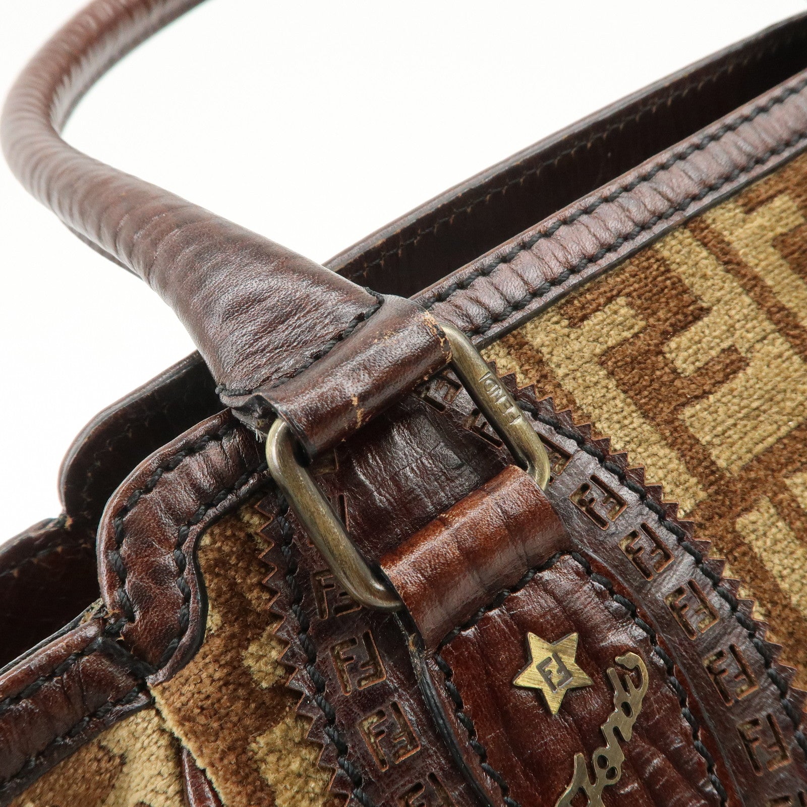 FENDI Suede Leather Ethnico Tote Bag Shoulder Bag Brown 8BN157