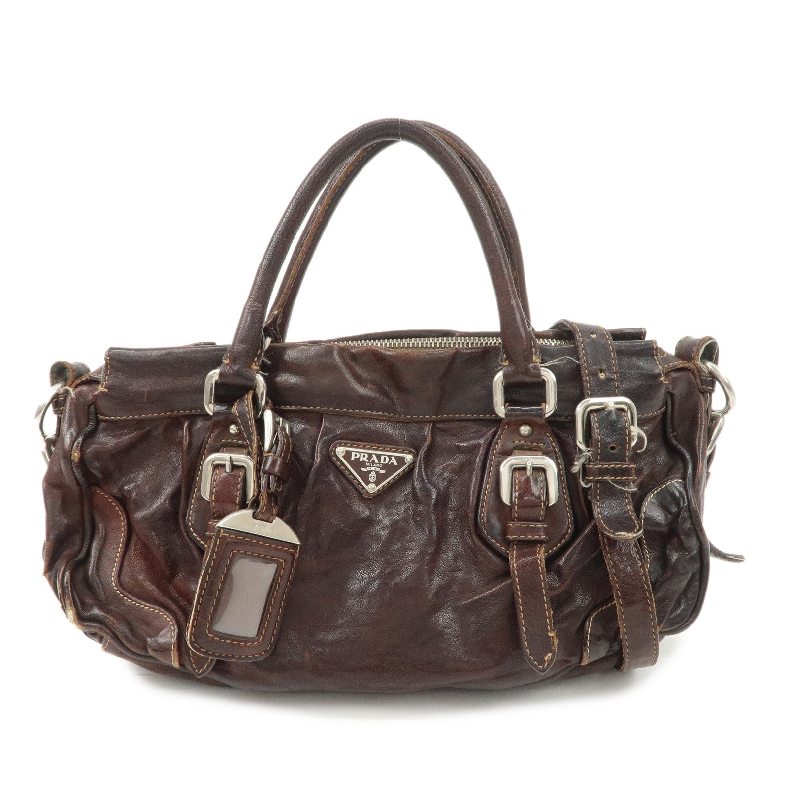 PRADA Triangle Logo Leather 2Way Bag Hand Bag Dark Brown BN1279 Used
