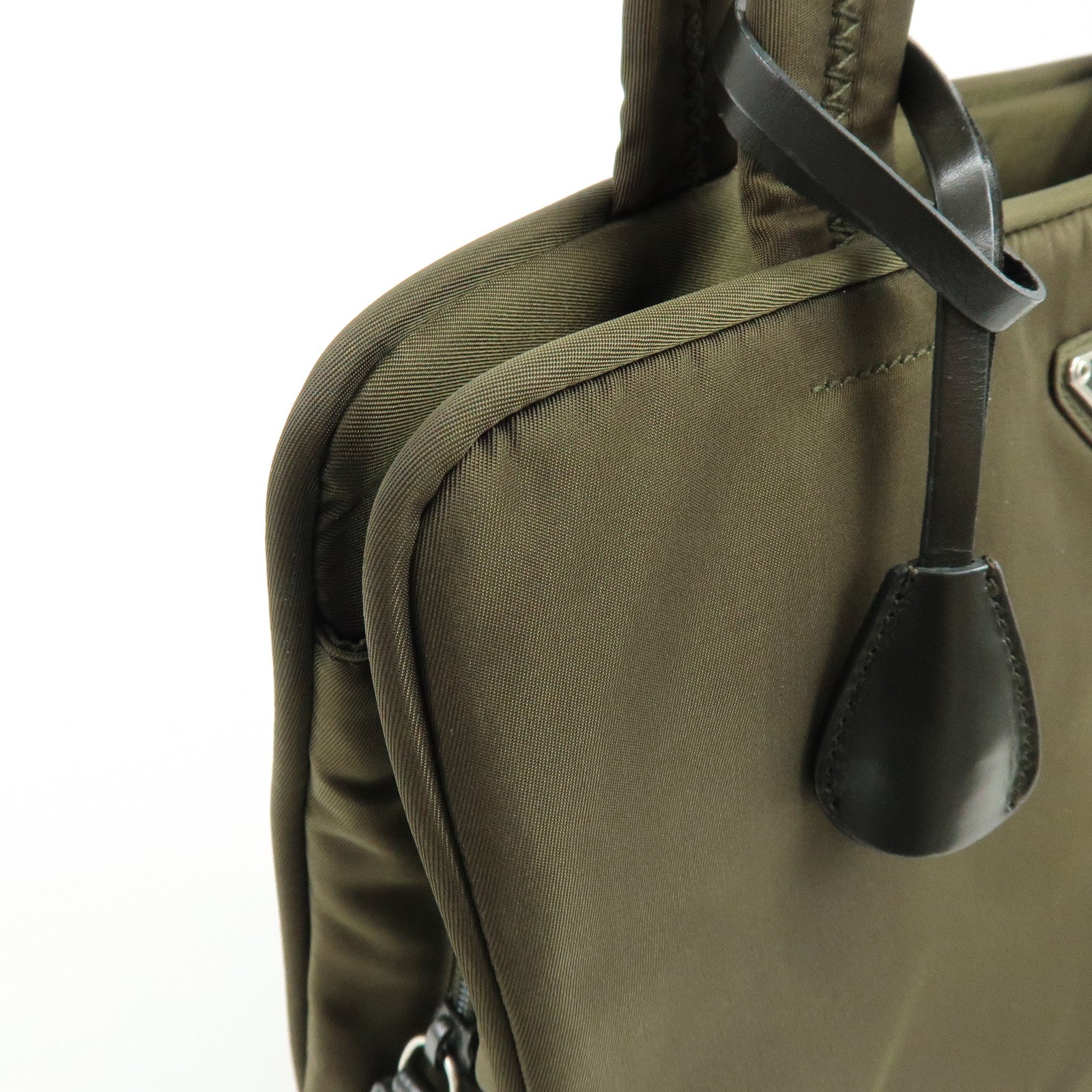 PRADA Triangle Logo Nylon Leather Tote Bag Hand Bag Khaki