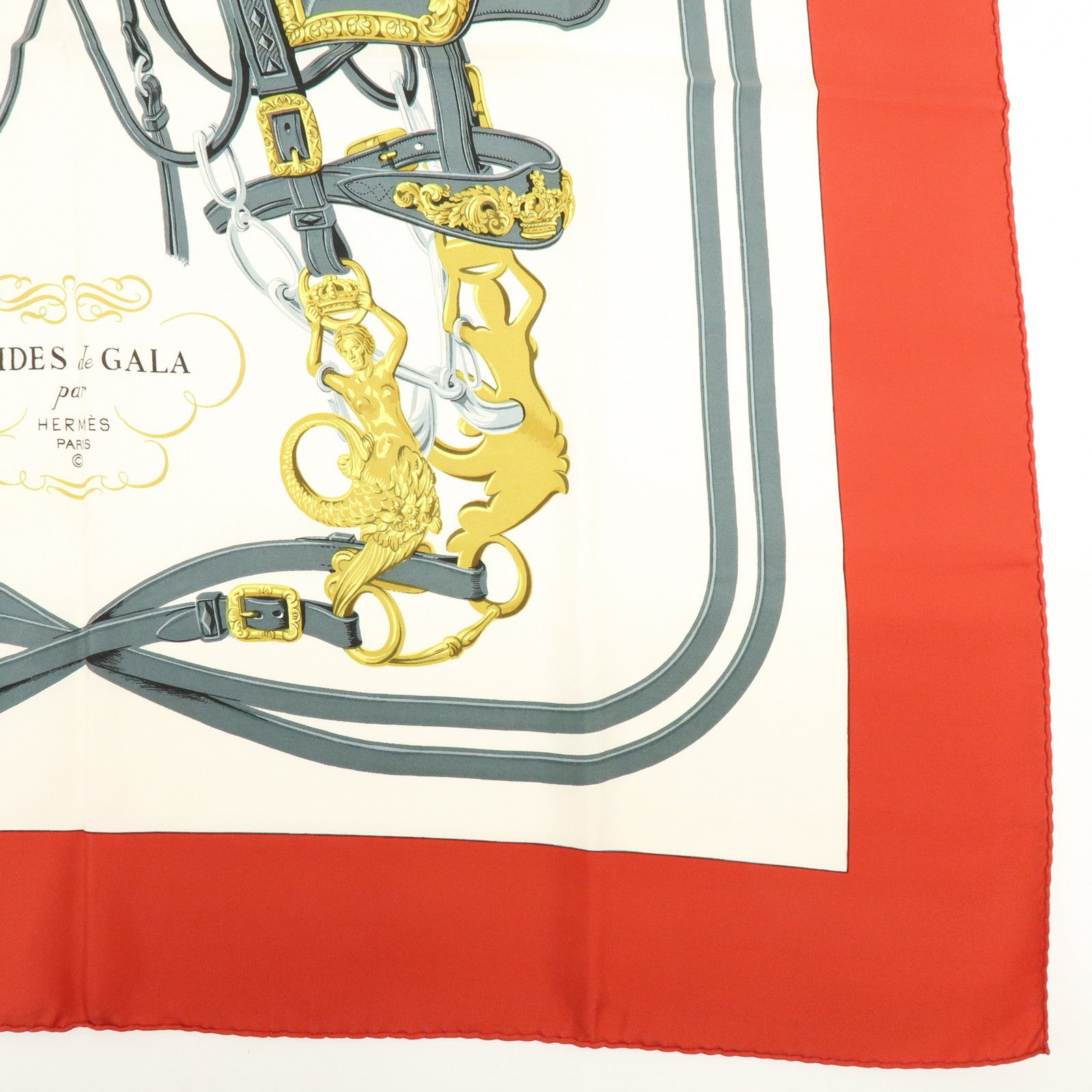 HERMES Carre 90 Silk 100% BRIDES DE GALA Scarf White Red