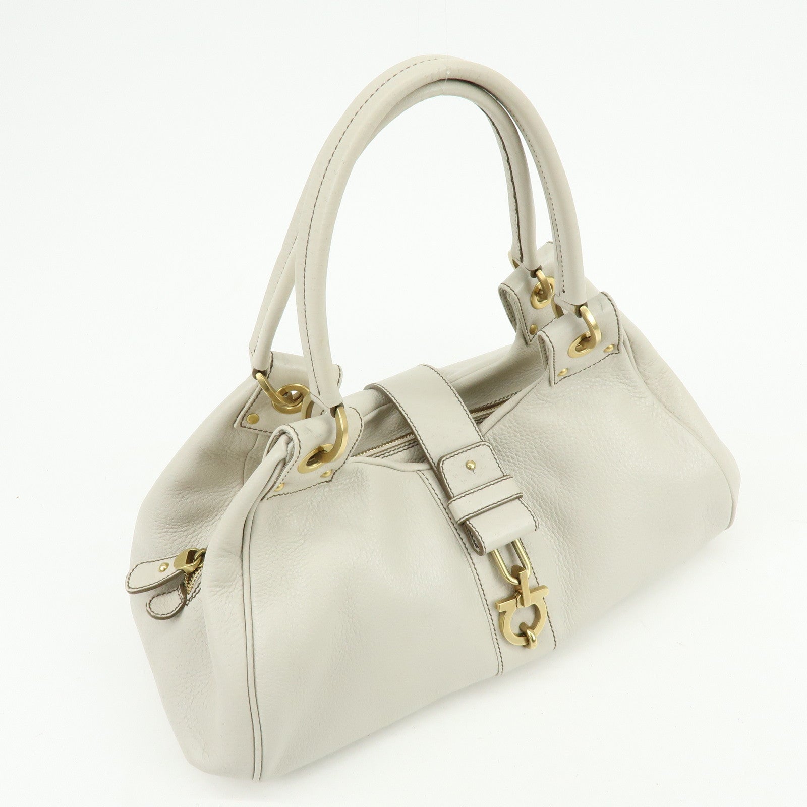 Ferragamo Gancini Leather Shoulder Bag Hand Bag Ivory
