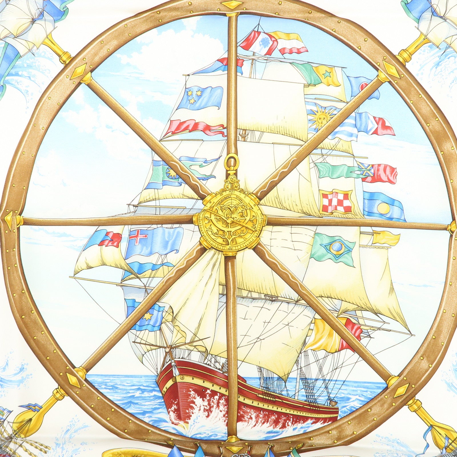 HERMES Carre 90 Silk 100% Scarf Vive Le Vent Blue Navy White Used