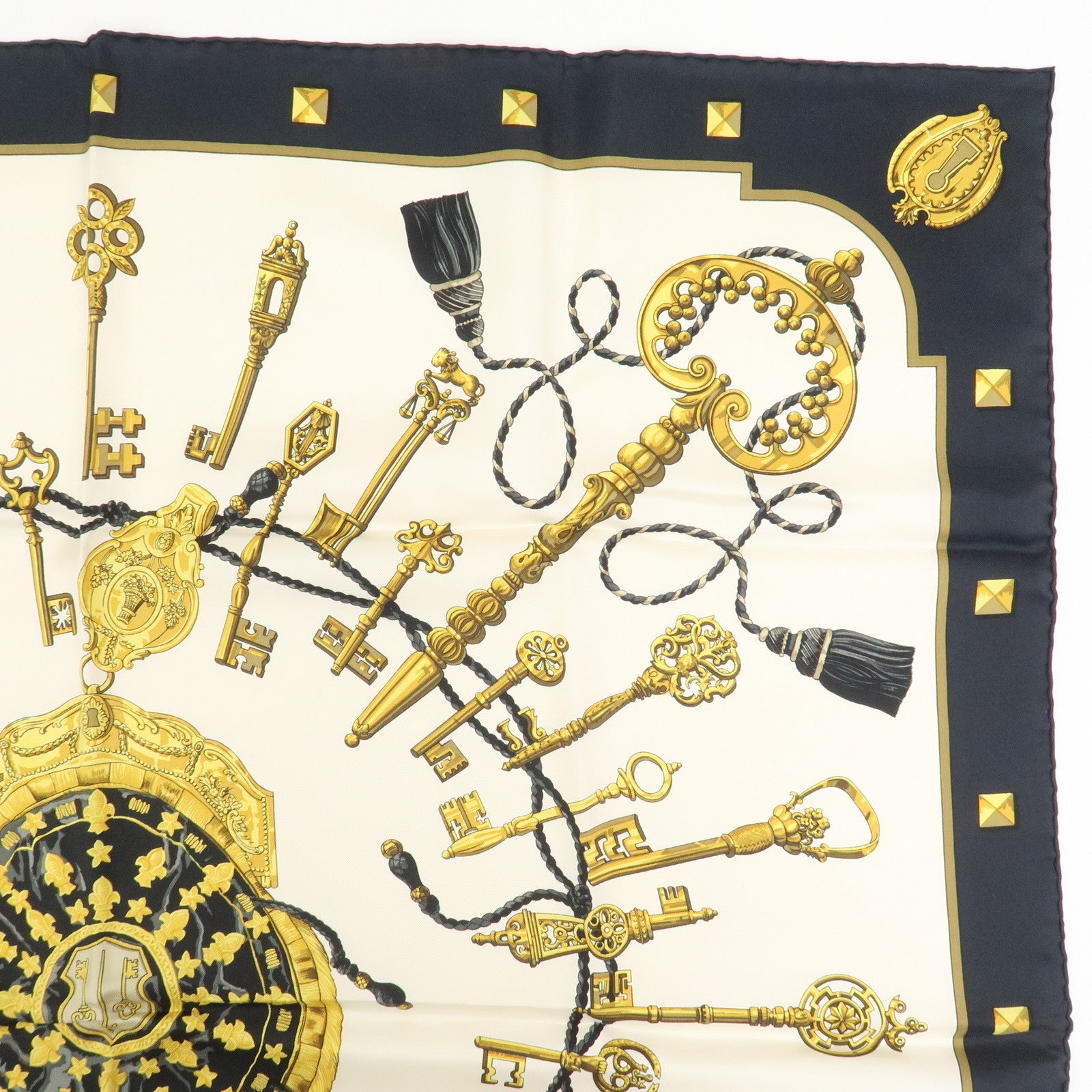 HERMES Carre 90 Silk 100% Scarf LES CLES THE KEYS RARE Black Ivory