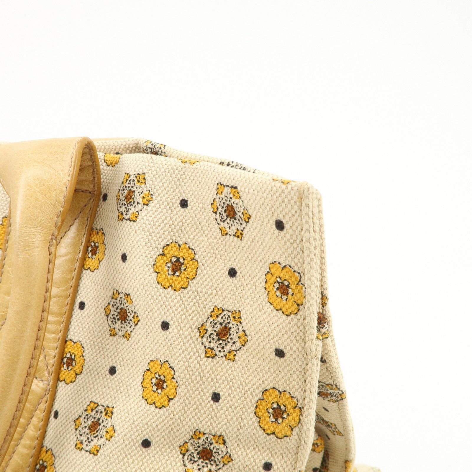 MIU MIU Canvas Leather Tote Bag Hand Bag Flower Motif Beige