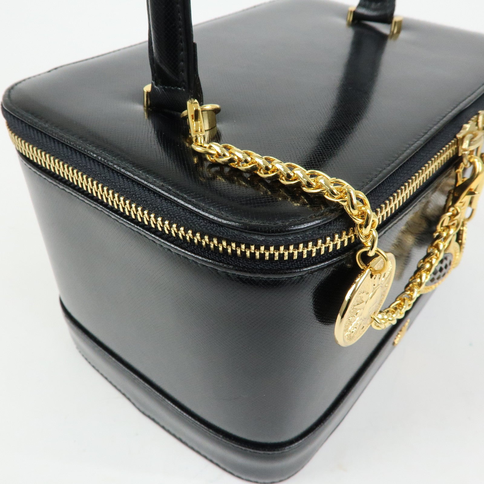 GIANNI VERSACE Leather Hand Bag Vanity Case Gold Charm Black