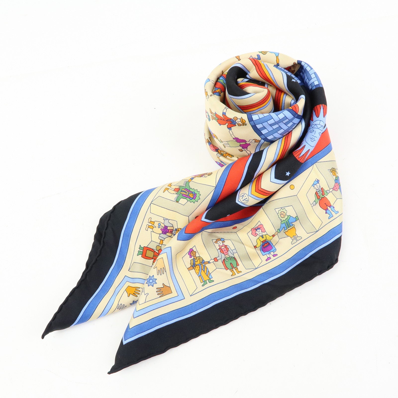 HERMES Carre 90 Silk 100% Scarf DONNER LA MAIN Black Beige
