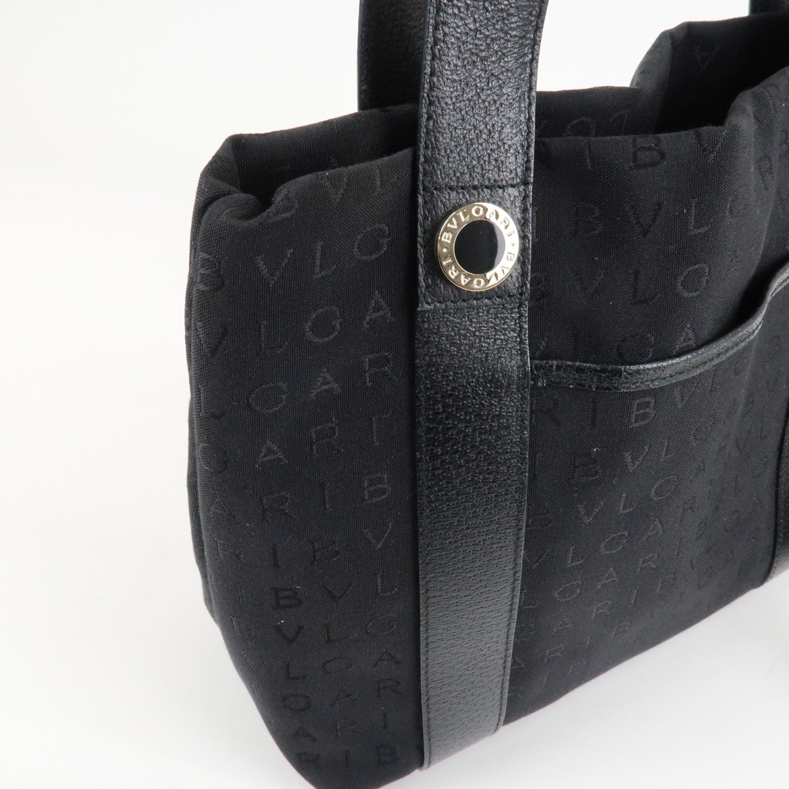 BVLGARI Logo Mania Canvas Leather Tote Bag Hand Bag Black Silver HDW Used