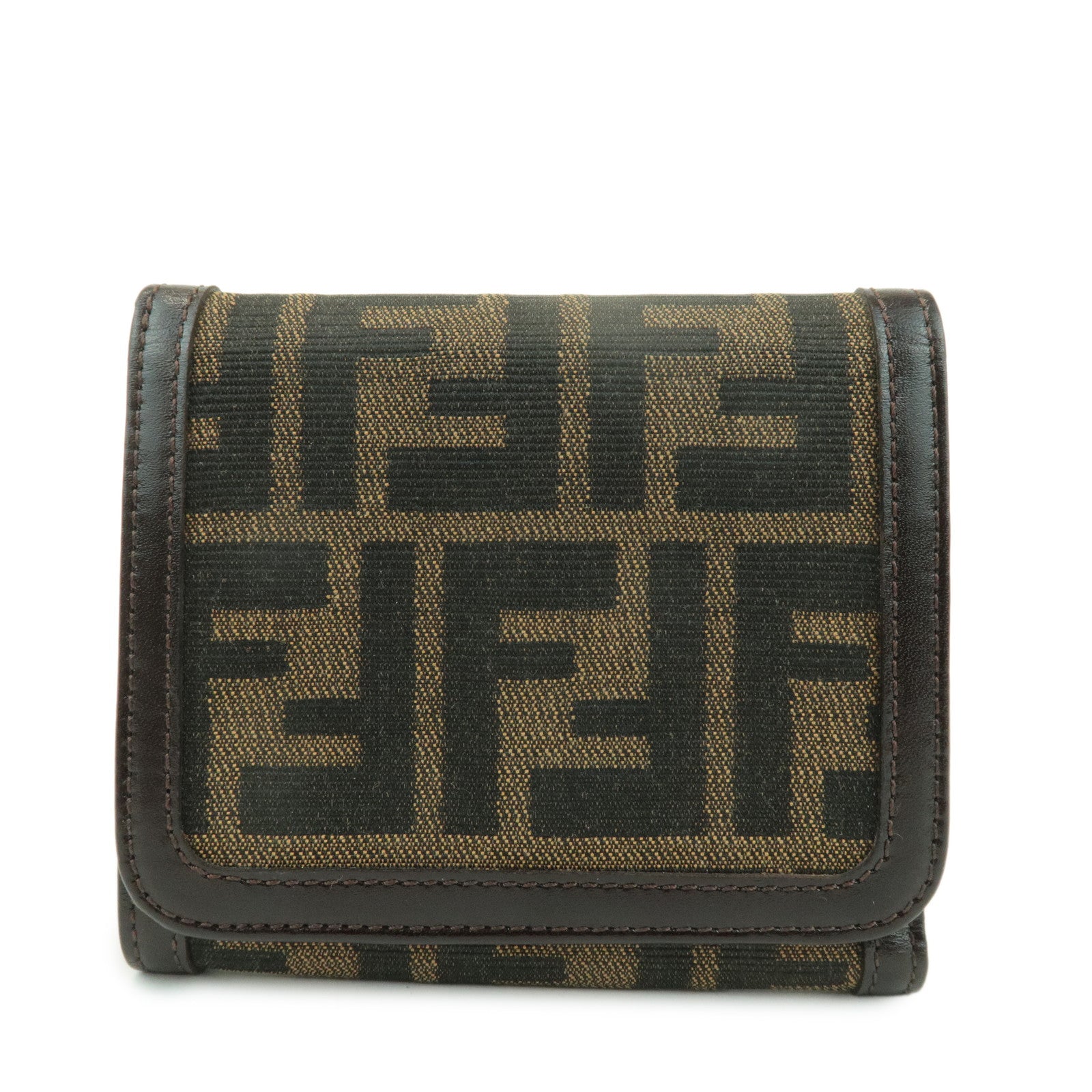 FENDI Zucca Leather Canvas Tri-fold Wallet Black Brown 30794 Used