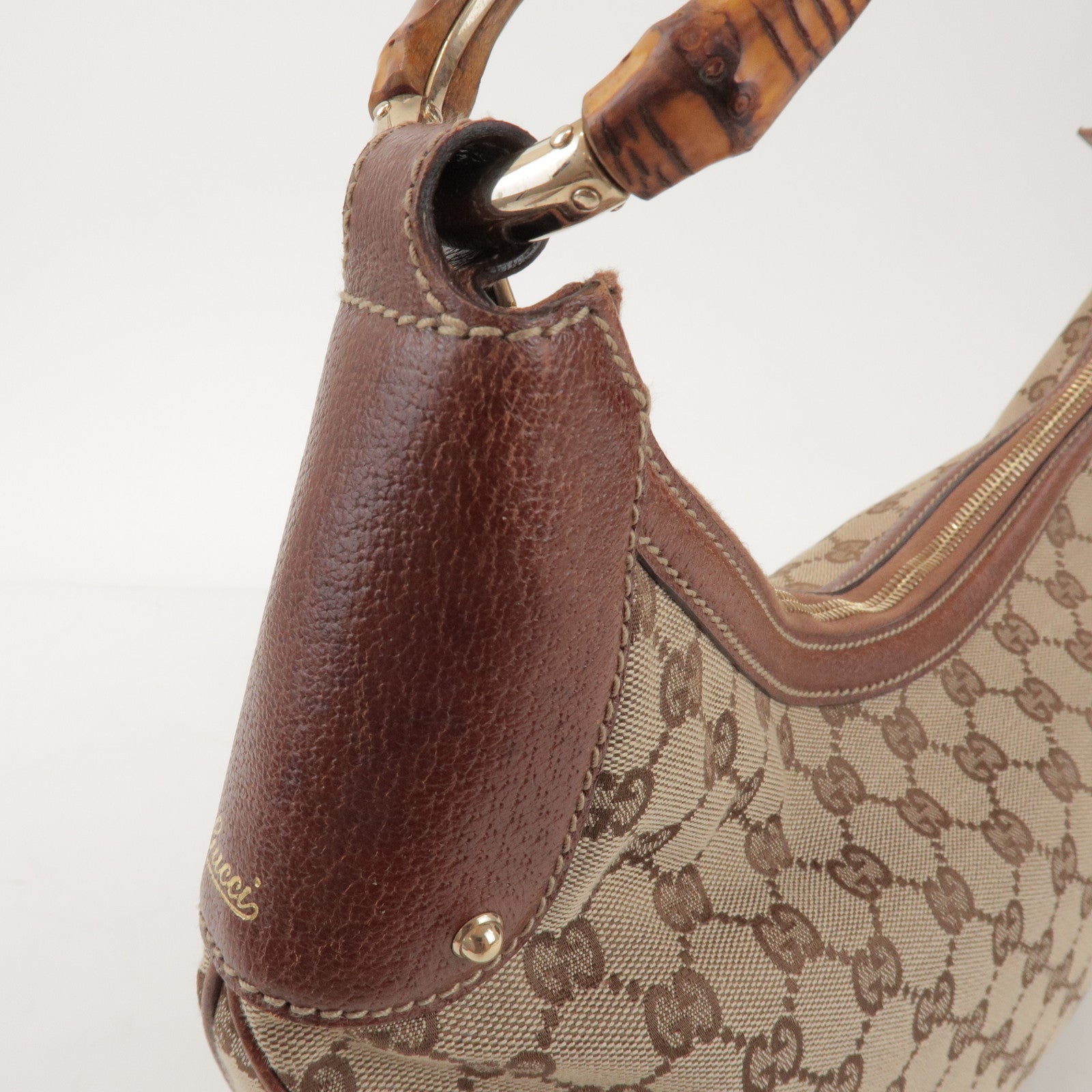 GUCCI Bamboo GG Canvas Leather Shoulder Bag Beige Brown 137577
