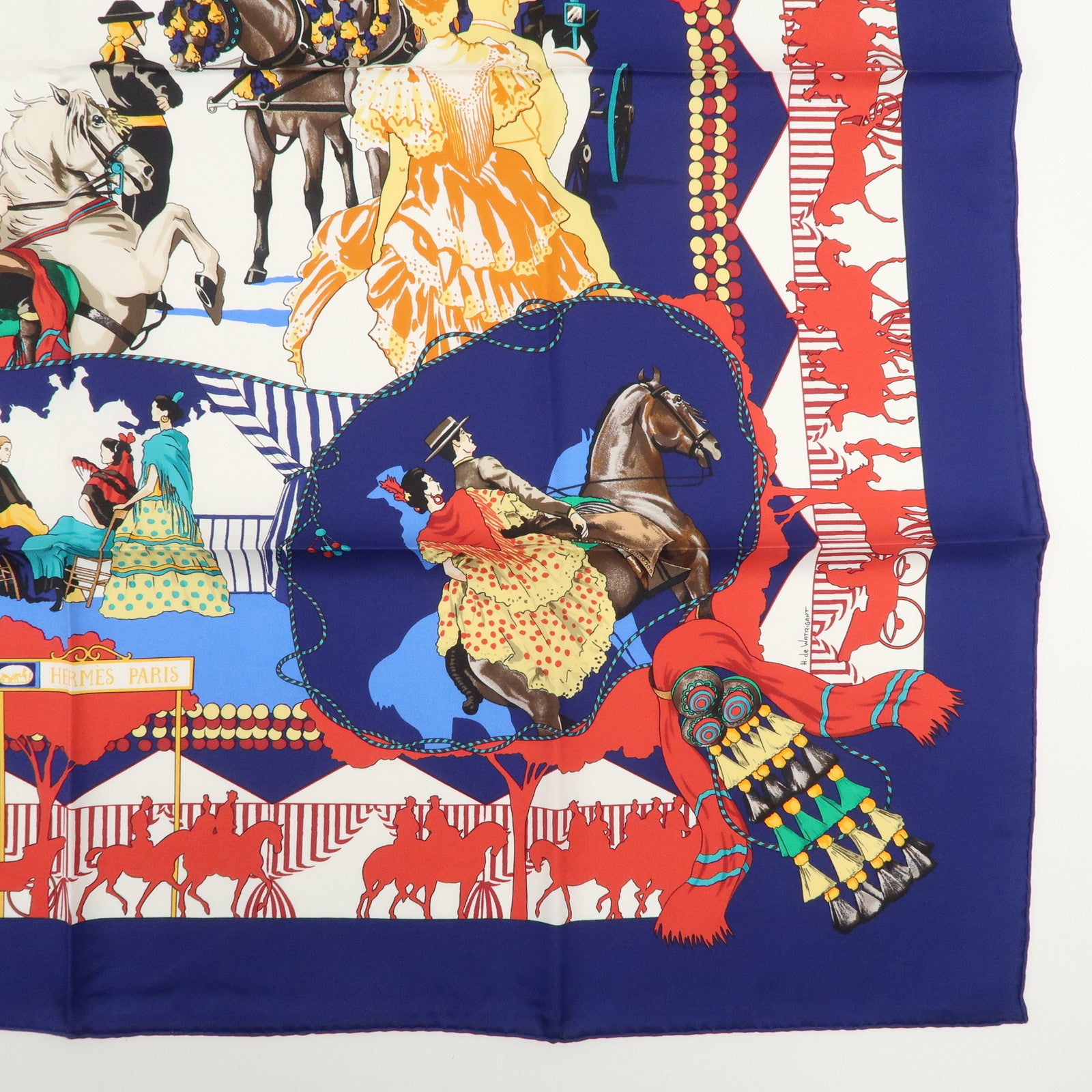 HERMES Carre 90 Silk 100% Scarf FERIA DE SEVILLA Navy White Red