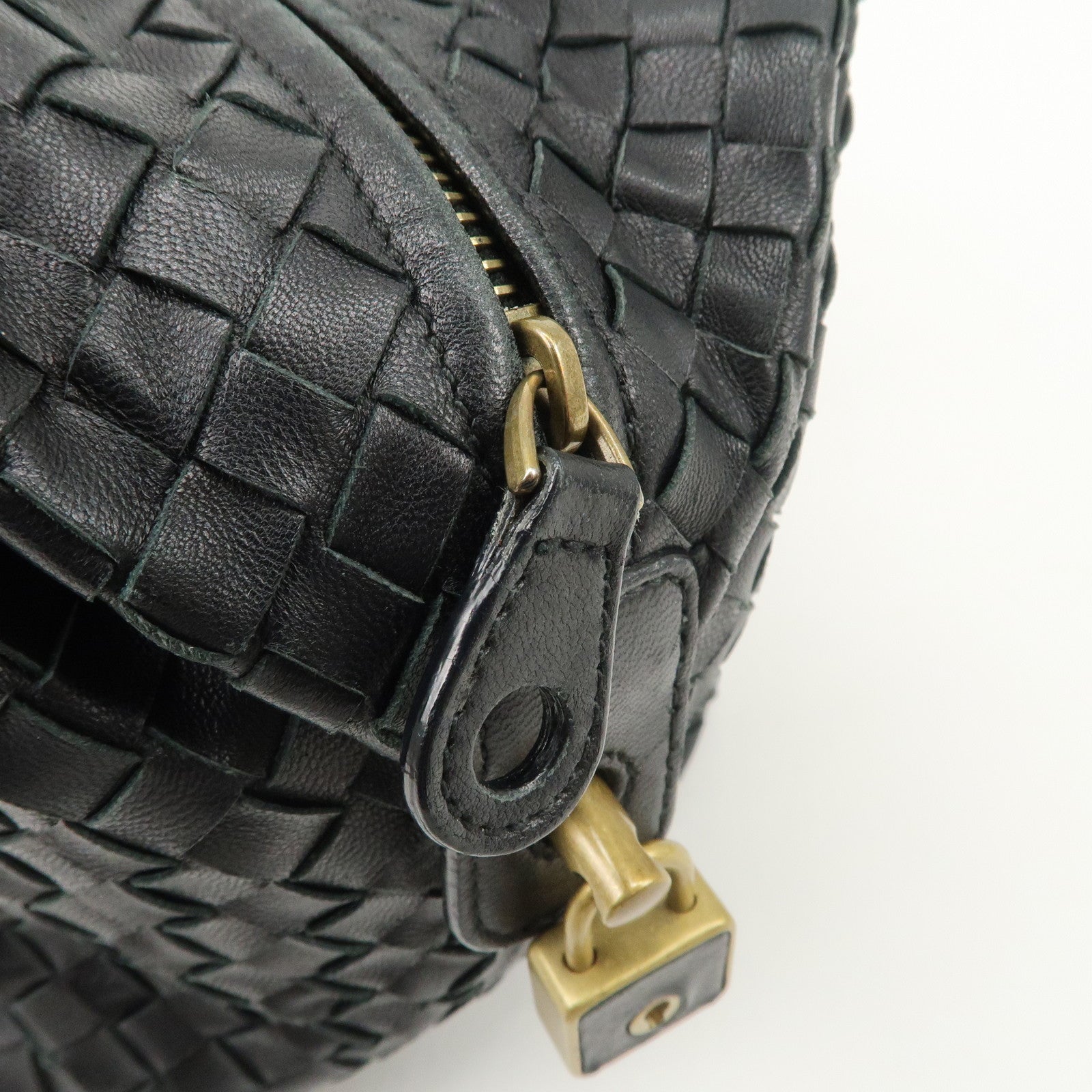 BOTTEGA VENETA Intrecciato Leather Boston Bag Hand Bag Black 173398
