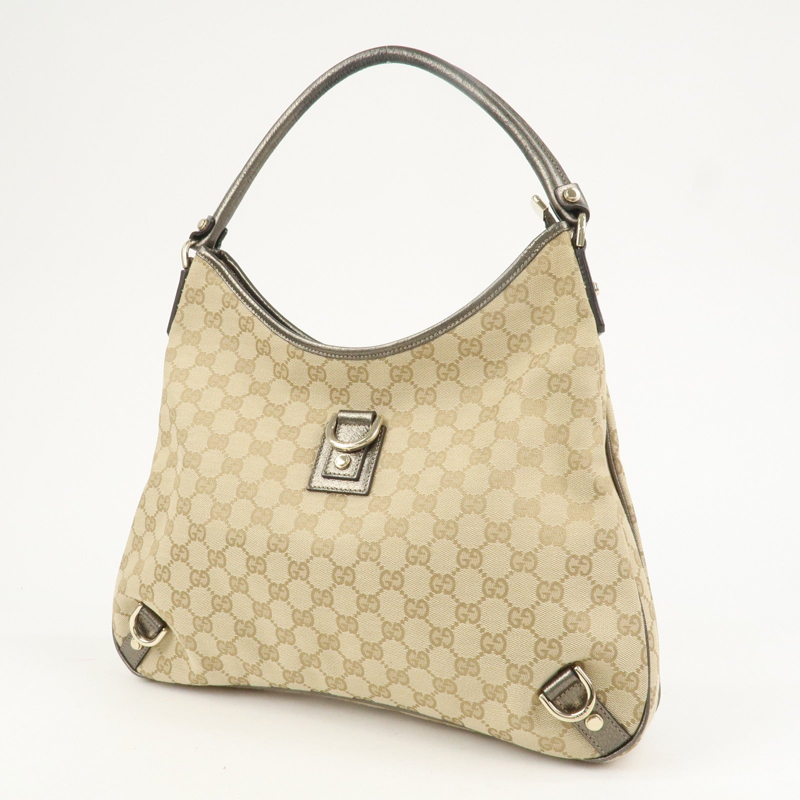 GUCCI Abbey Canvas Leather Shoulder Bag Beige Silver Gray 130737