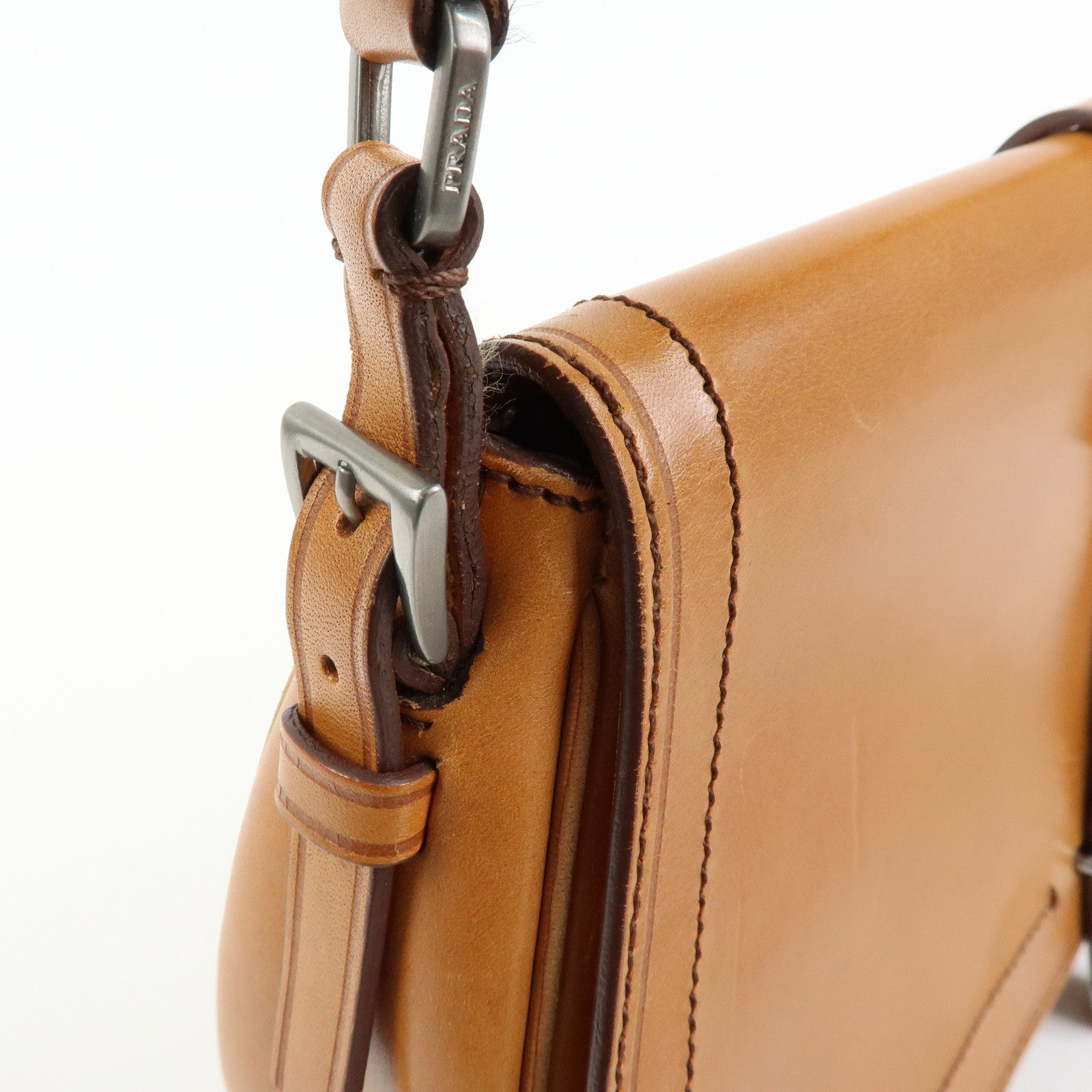 PRADA Logo Leather Shoulder Bag Hand Bag Brown