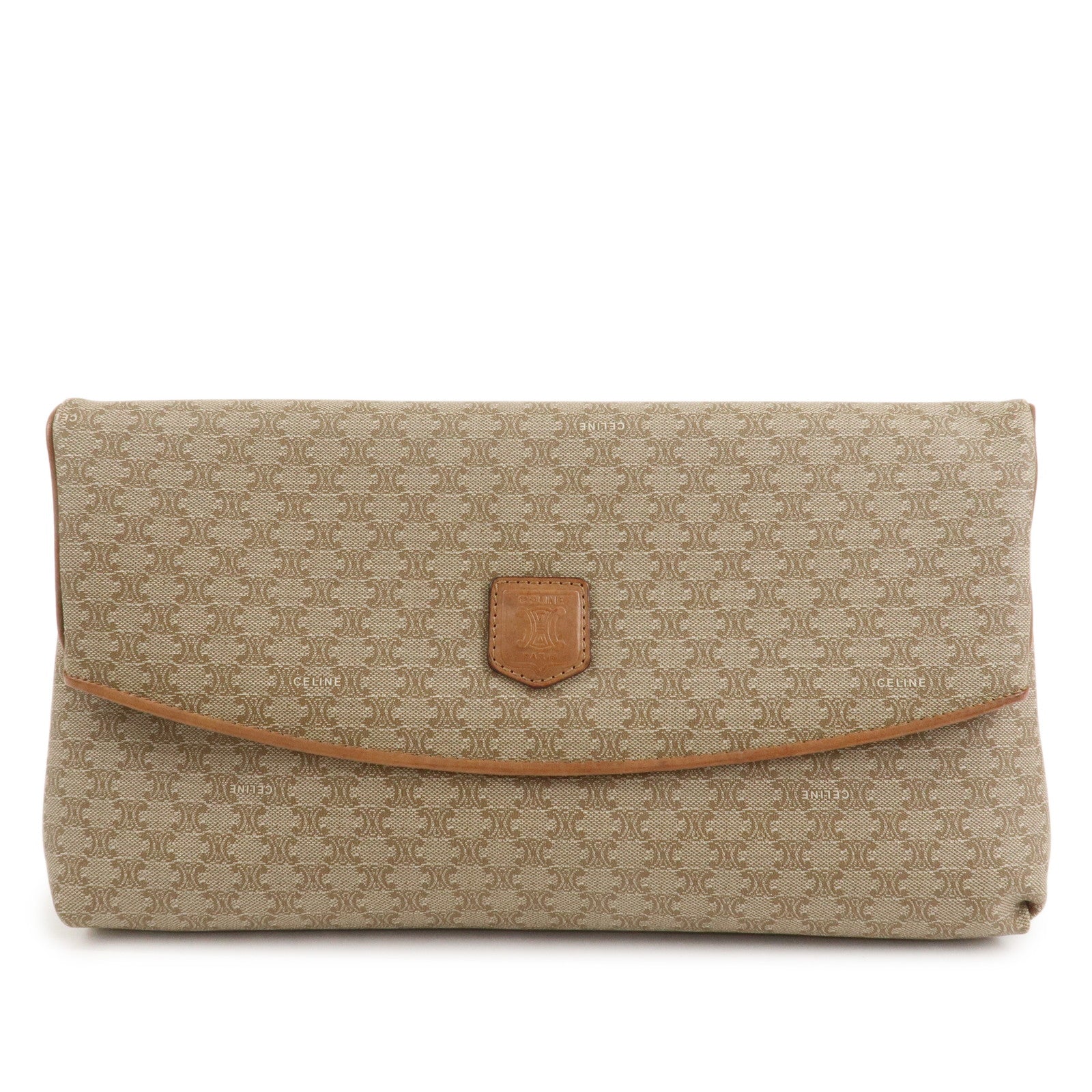 CELINE Macadam Leather PVC Clutch Bag Brown Beige Used