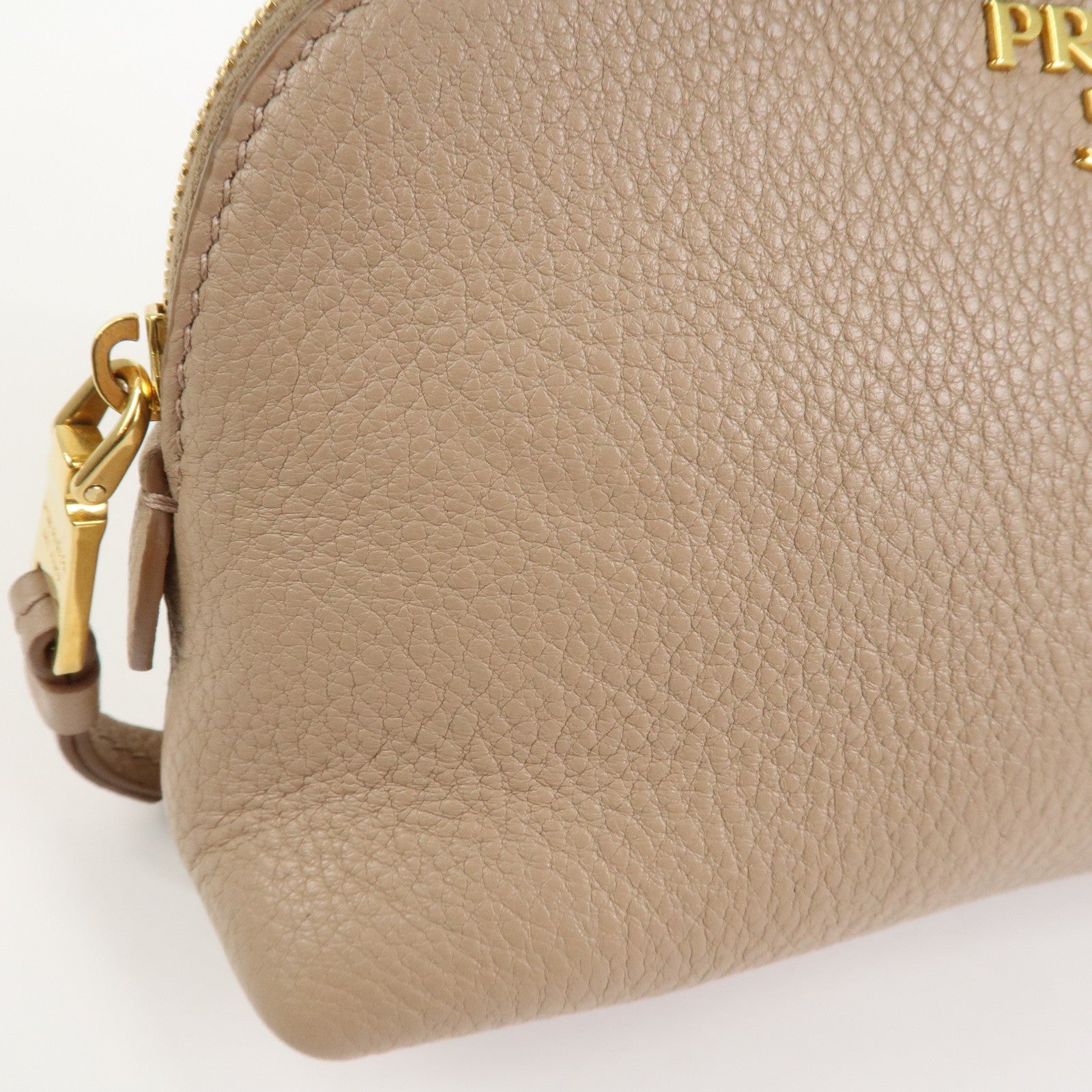 PRADA Logo Leather Cosmetic Pouch Clutch Beige 1ND005