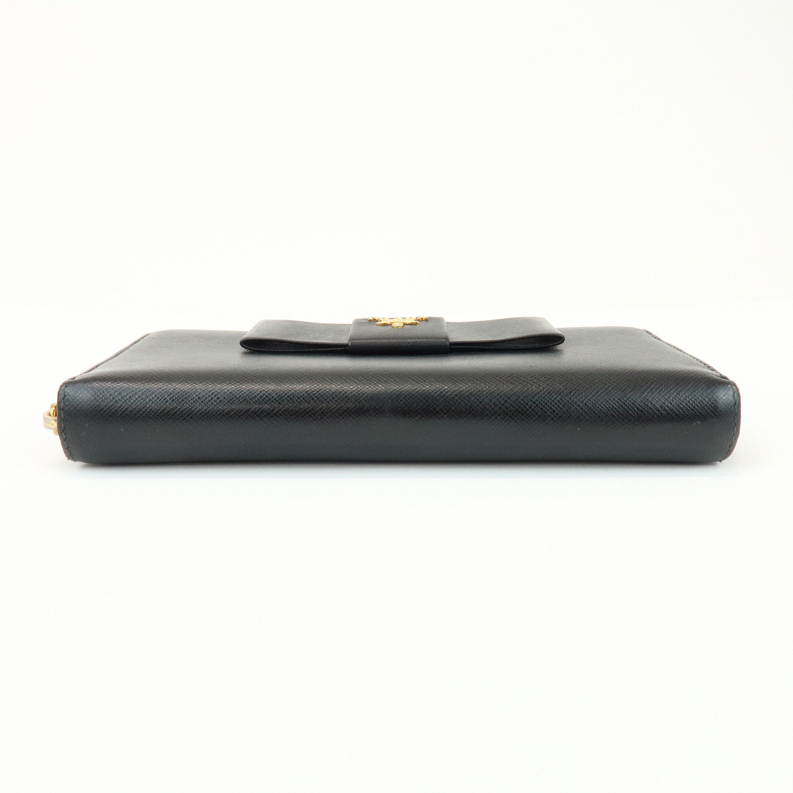 PRADA Saffiano Leather Ribbon Round Zippy Wallet Black 1M0506