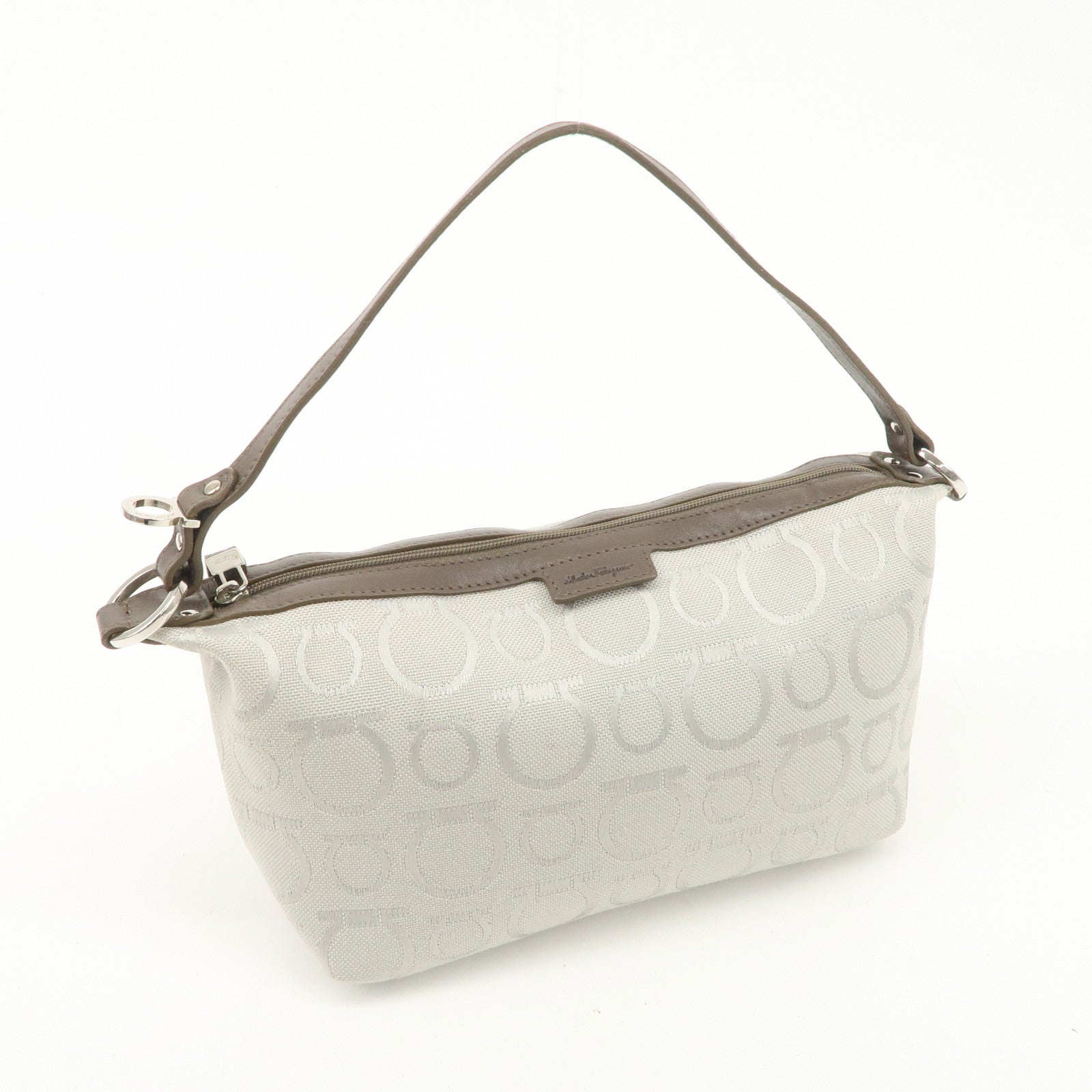 Ferragamo Gancini Leather Canvas Shoulder Bag Brown Silver Used