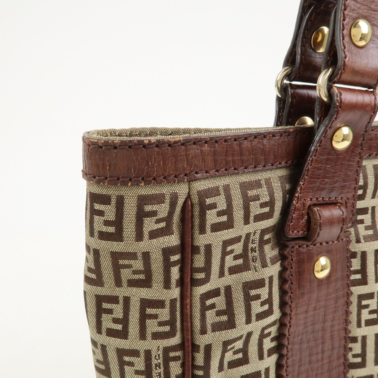 FENDI Zucchino Canvas Leather Tote Bag Shoulder Bag Brown 8BH161